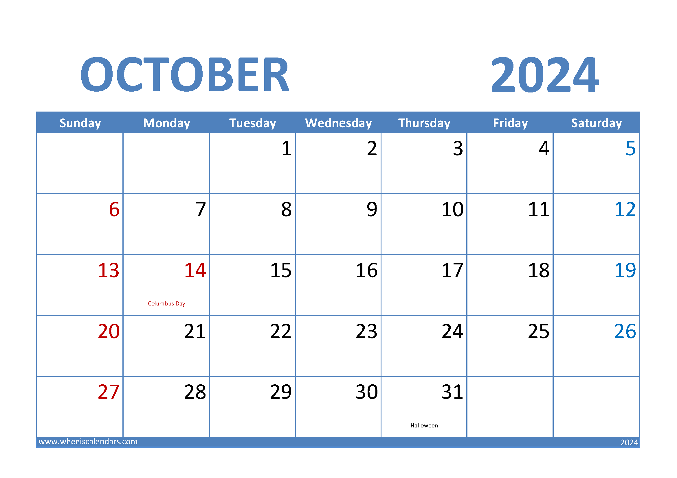 Download October 2024 Calendar excel A4 Horizontal 104006