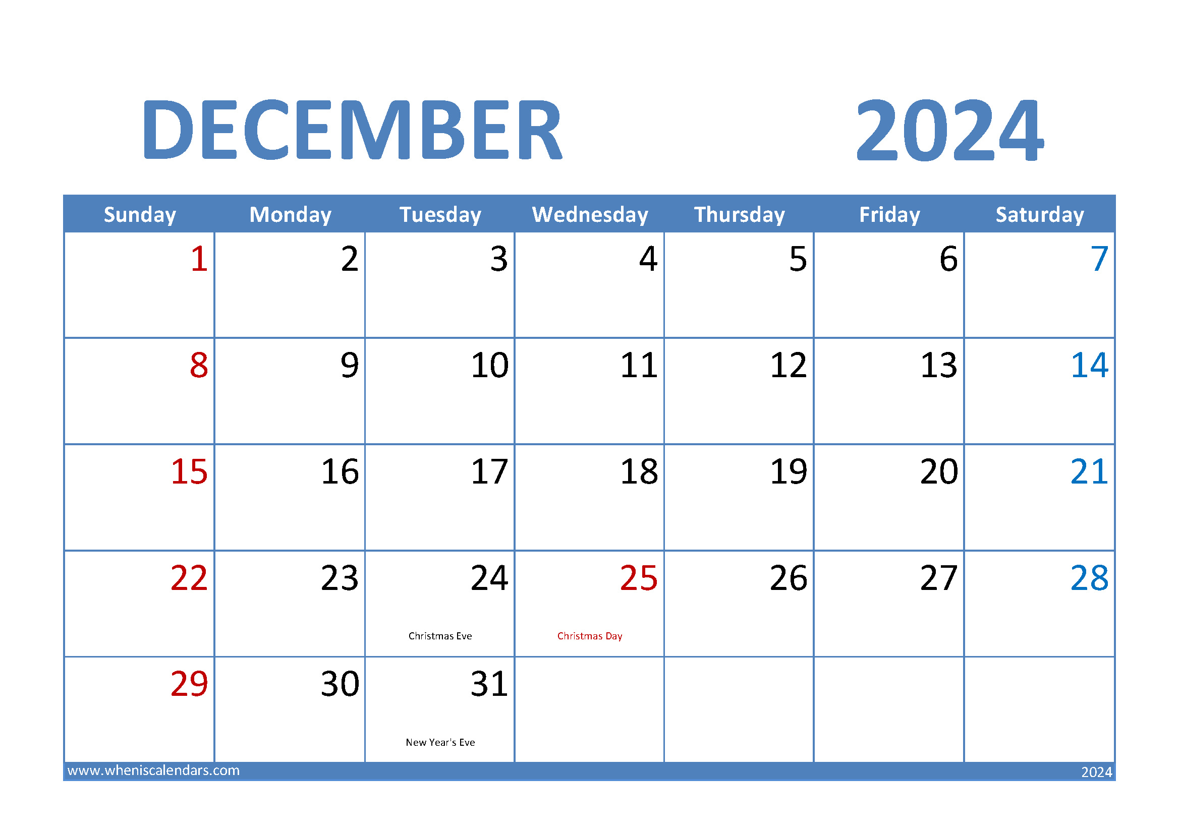 Download December 2024 Calendar excel A4 Horizontal 124006