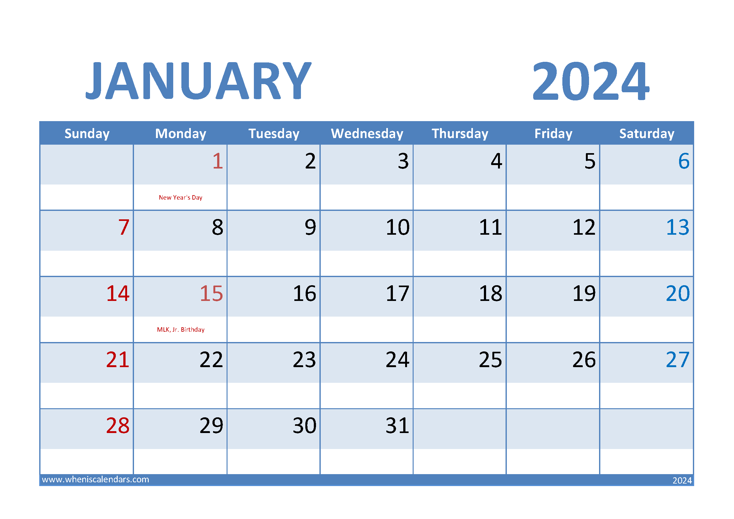 Download Free January 2024 Calendar Printable A4 Horizontal J4007