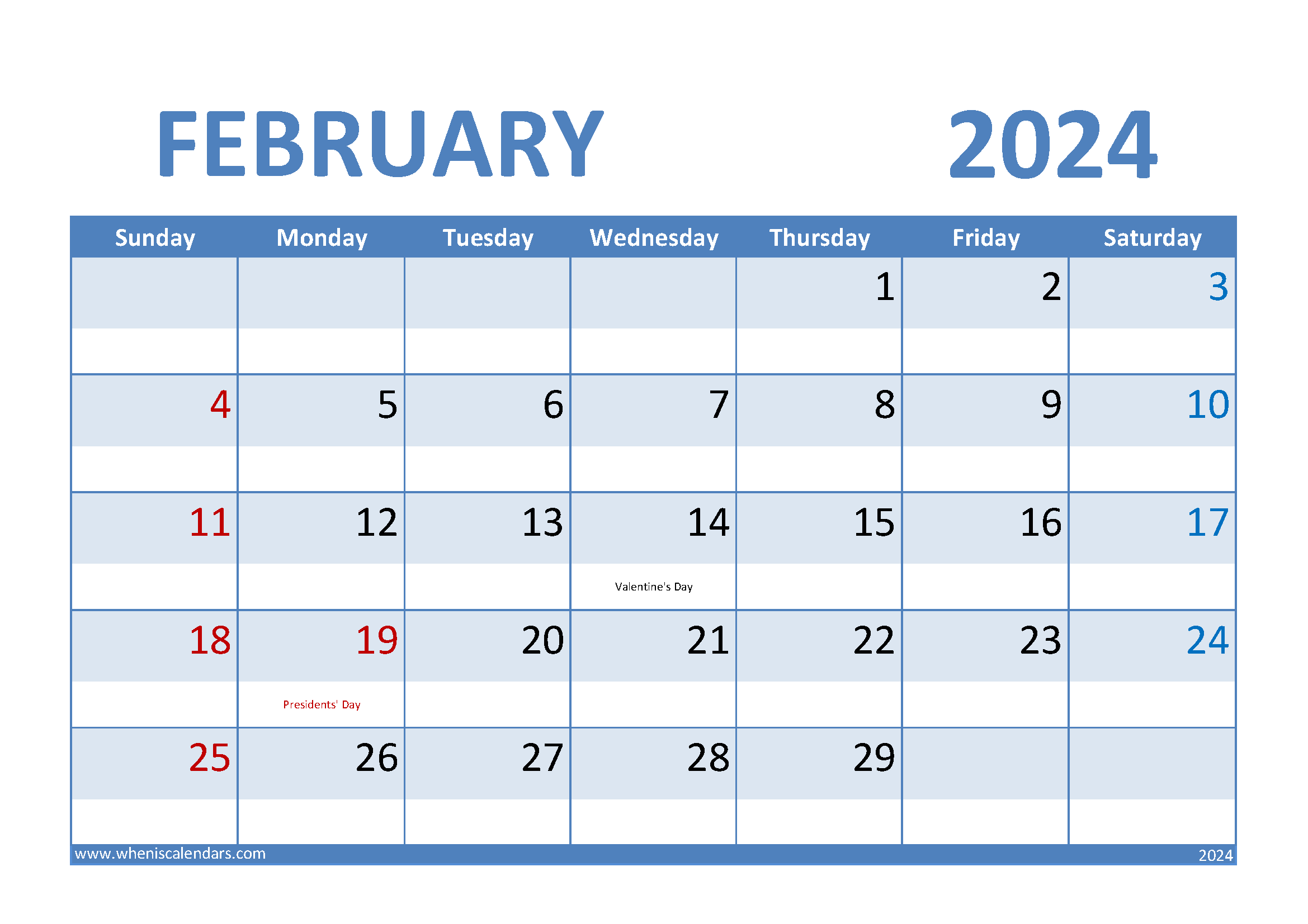 Download Free February 2024 Calendar Printable A4 Horizontal 24007