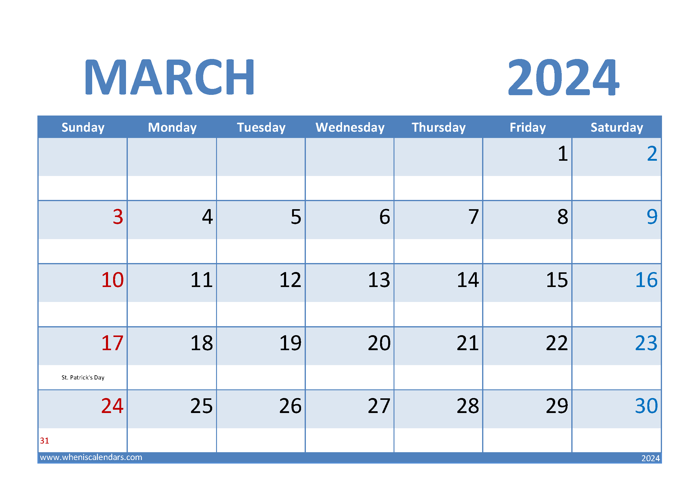Download Free March 2024 Calendar Printable A4 Horizontal 34007