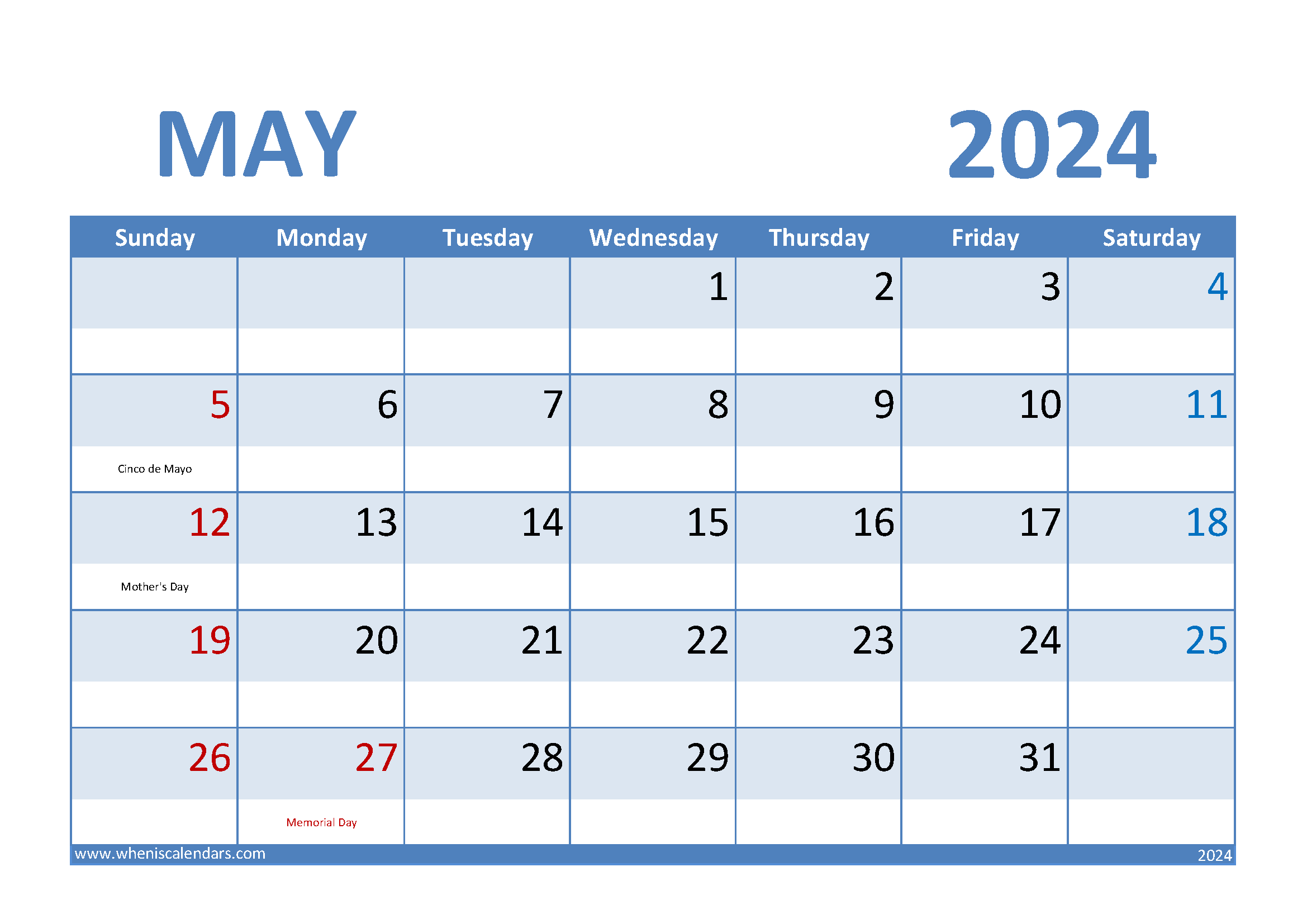 Download Free May 2024 Calendar Printable A4 Horizontal 54007