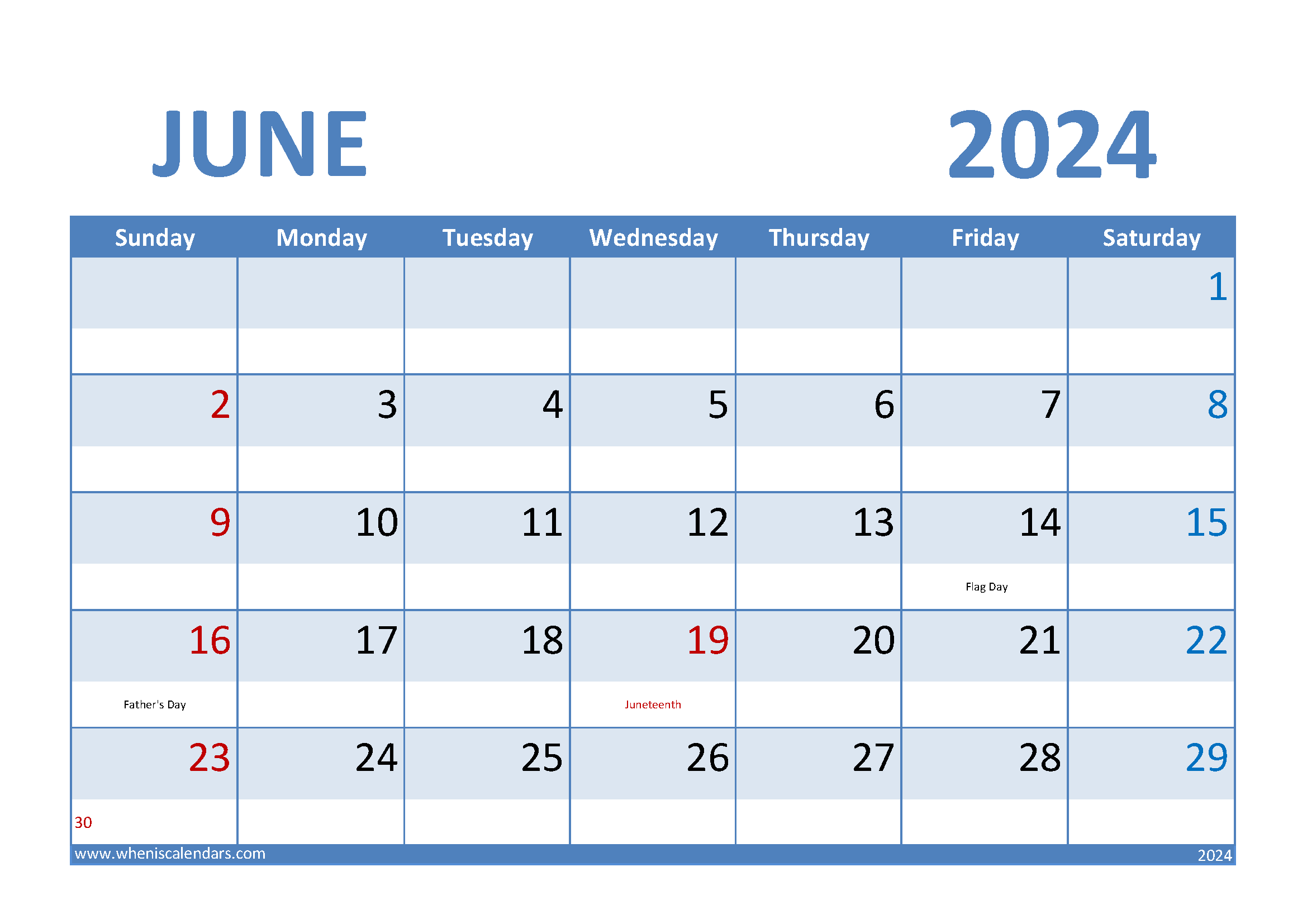 Download Free June 2024 Calendar Printable A4 Horizontal 64007