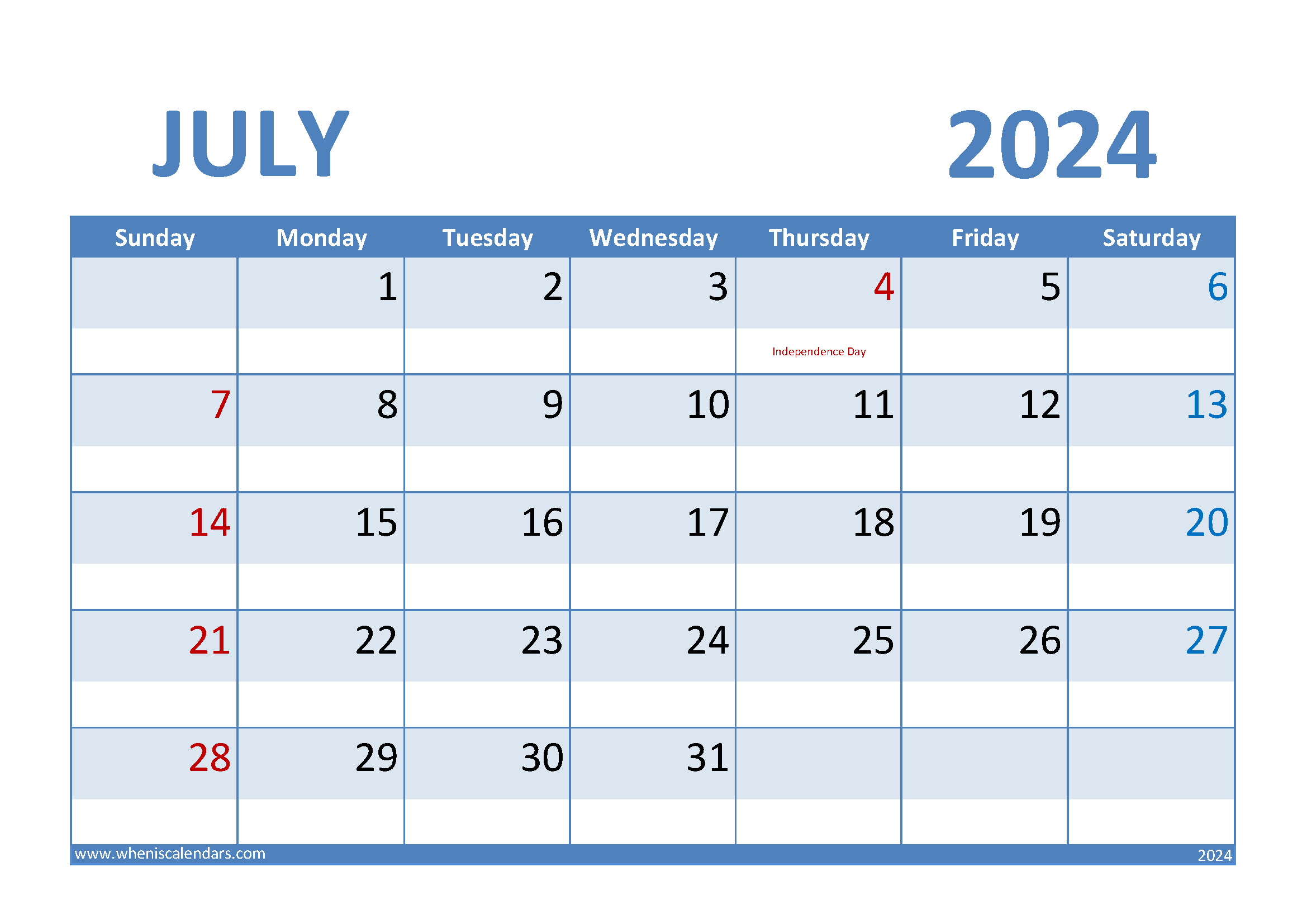 Download Free July 2024 Calendar Printable A4 Horizontal 74007
