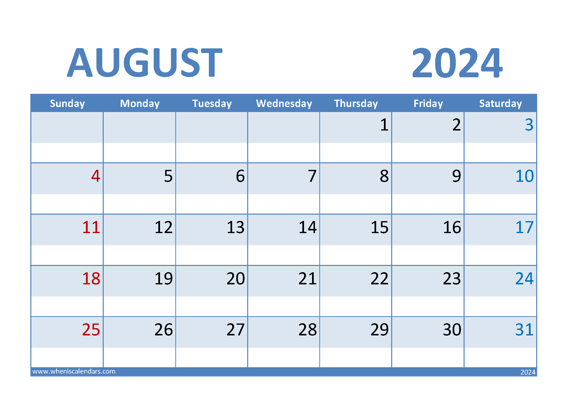 Download Free August 2024 Calendar Printable A4 Horizontal 84007