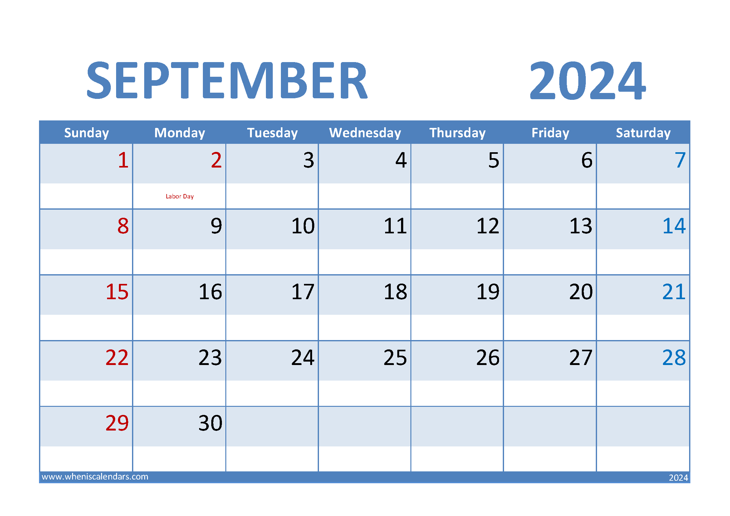 Download Free September 2024 Calendar Printable A4 Horizontal 94007