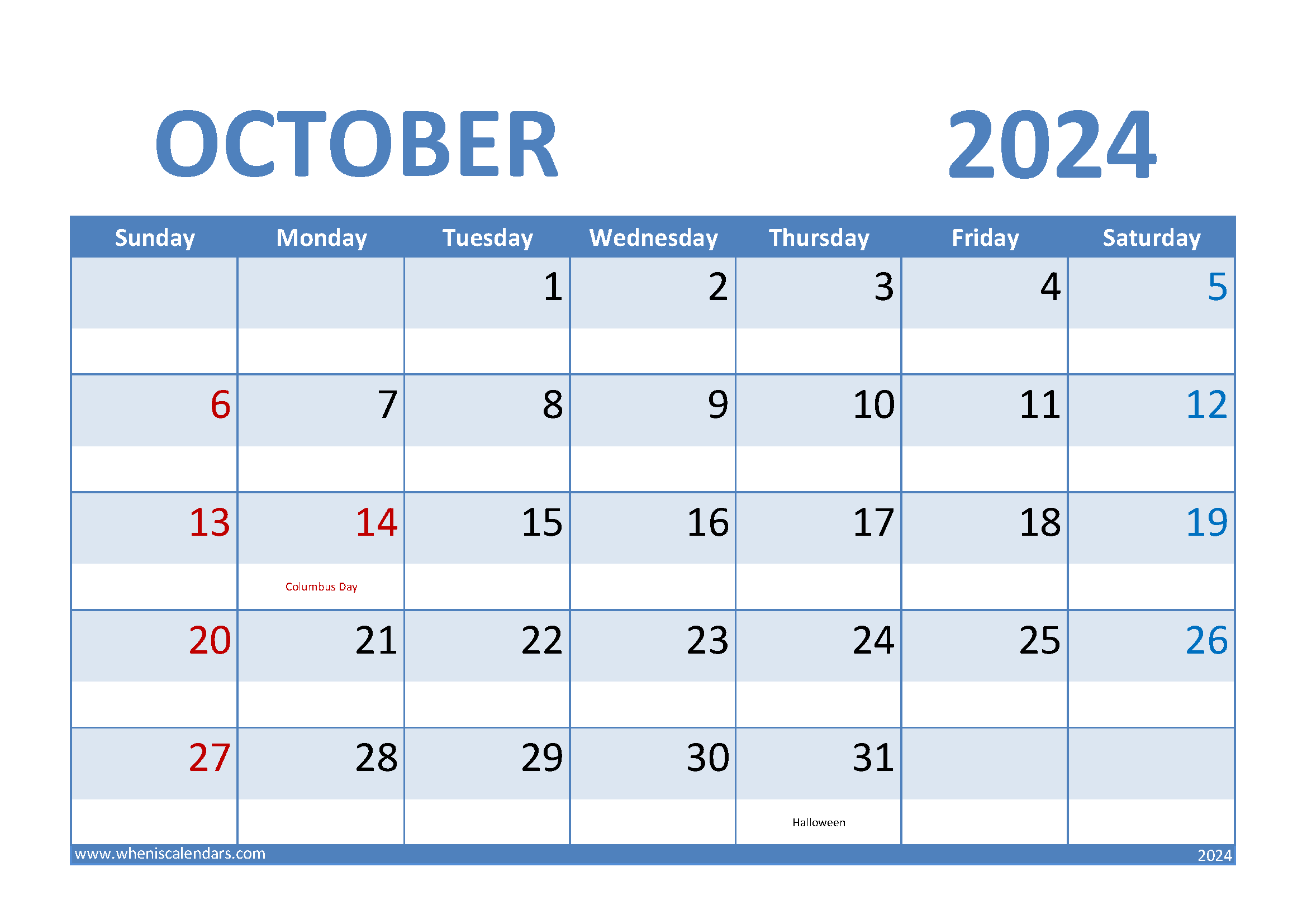 Download Free October 2024 Calendar Printable A4 Horizontal 104007