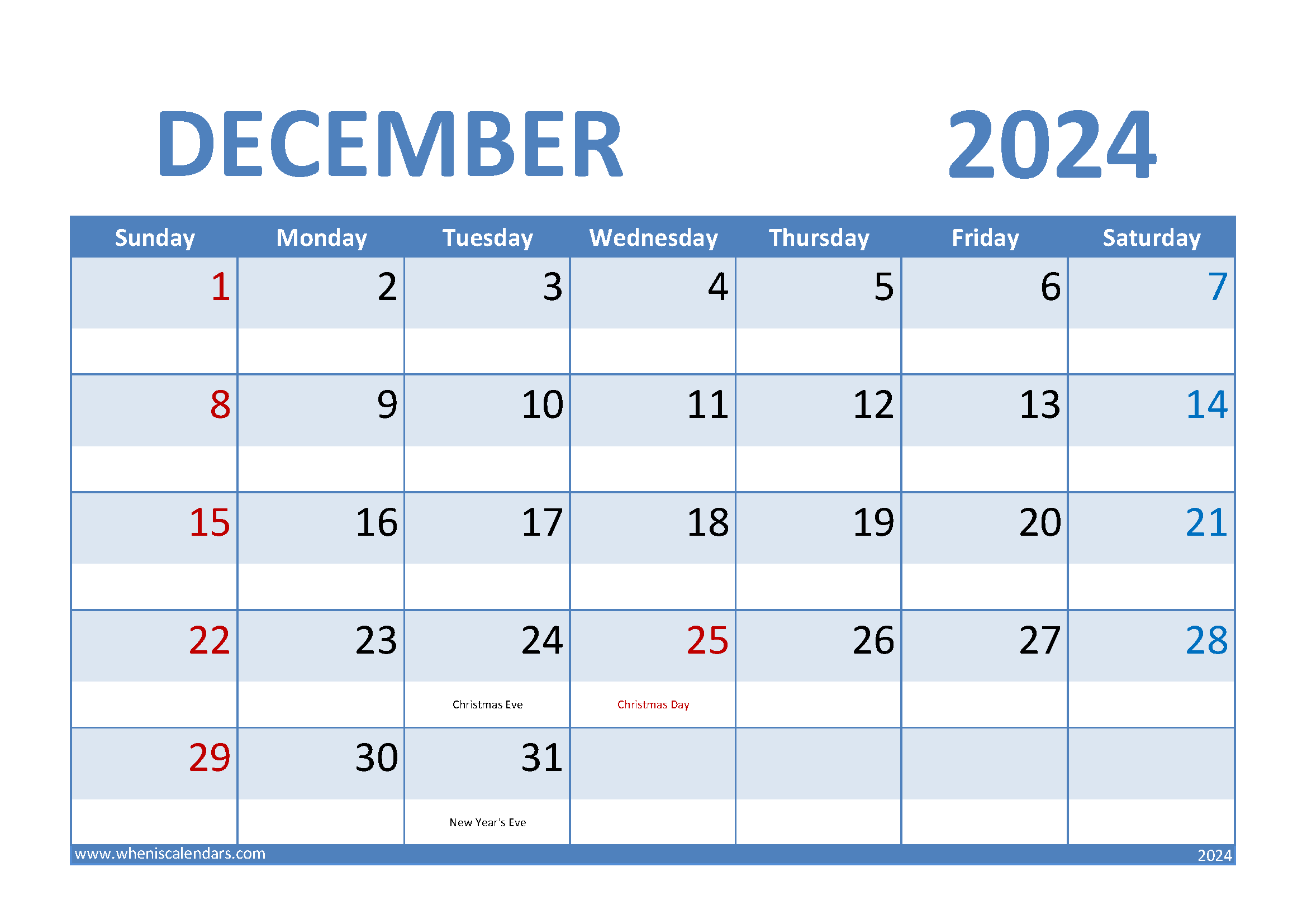 Download Free December 2024 Calendar Printable A4 Horizontal 124007