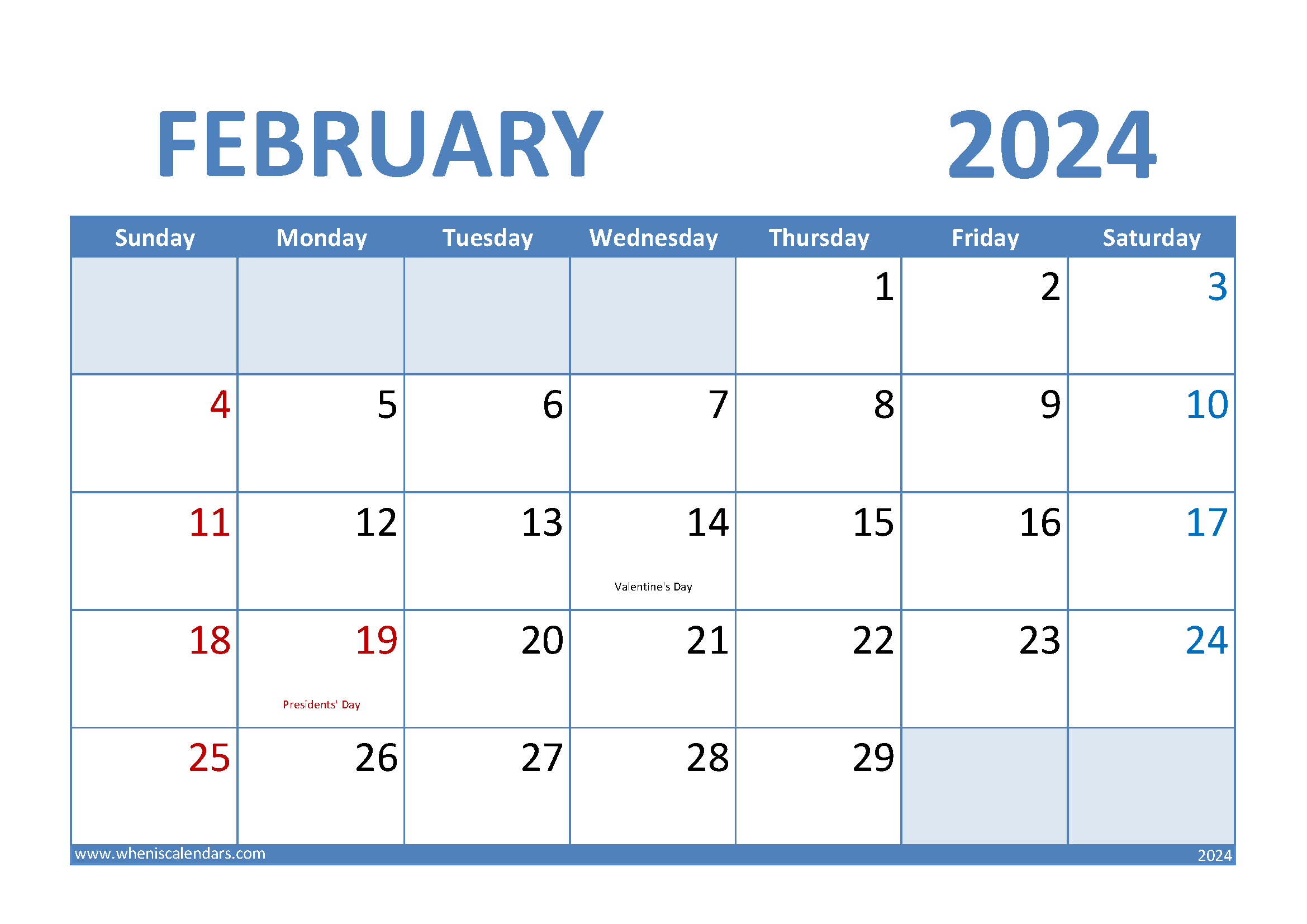 Download Blank February 2024 Calendar A4 Horizontal 24008