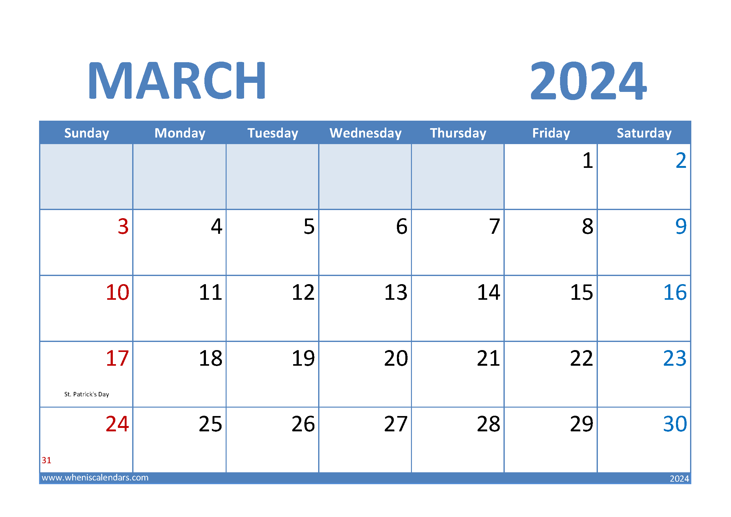 Download Blank March 2024 Calendar A4 Horizontal 34008