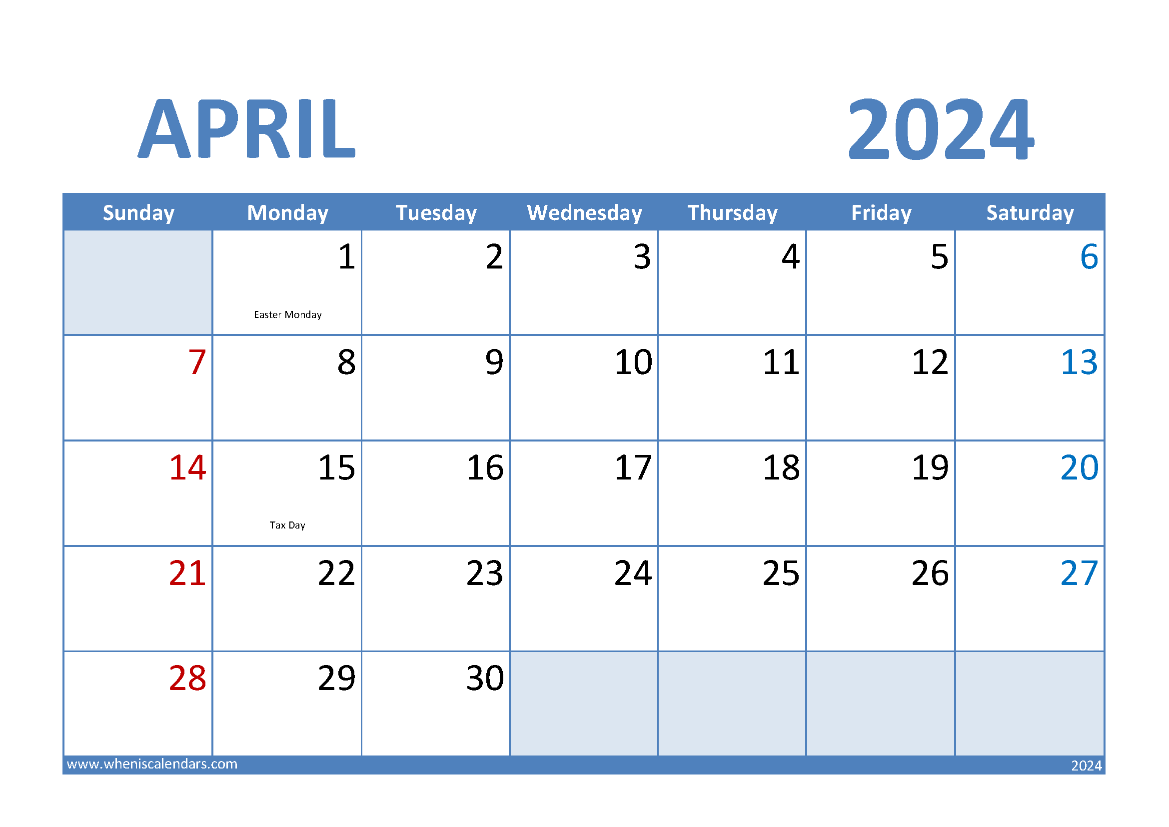 Download Blank April 2024 Calendar A4 Horizontal 44008