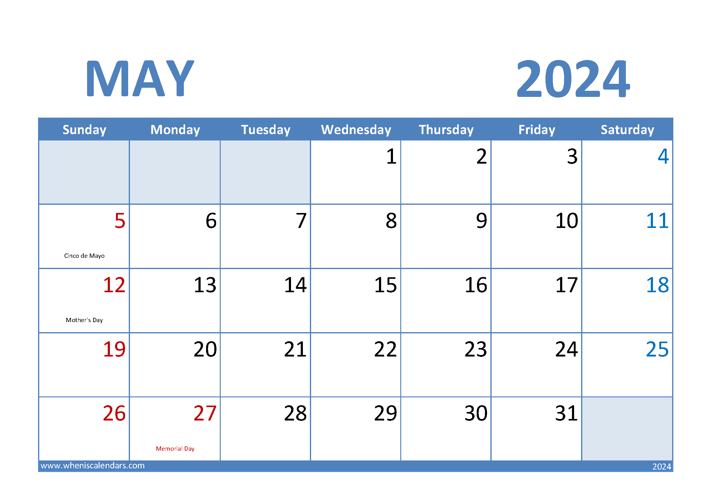 Download Blank May 2024 Calendar A4 Horizontal 54008