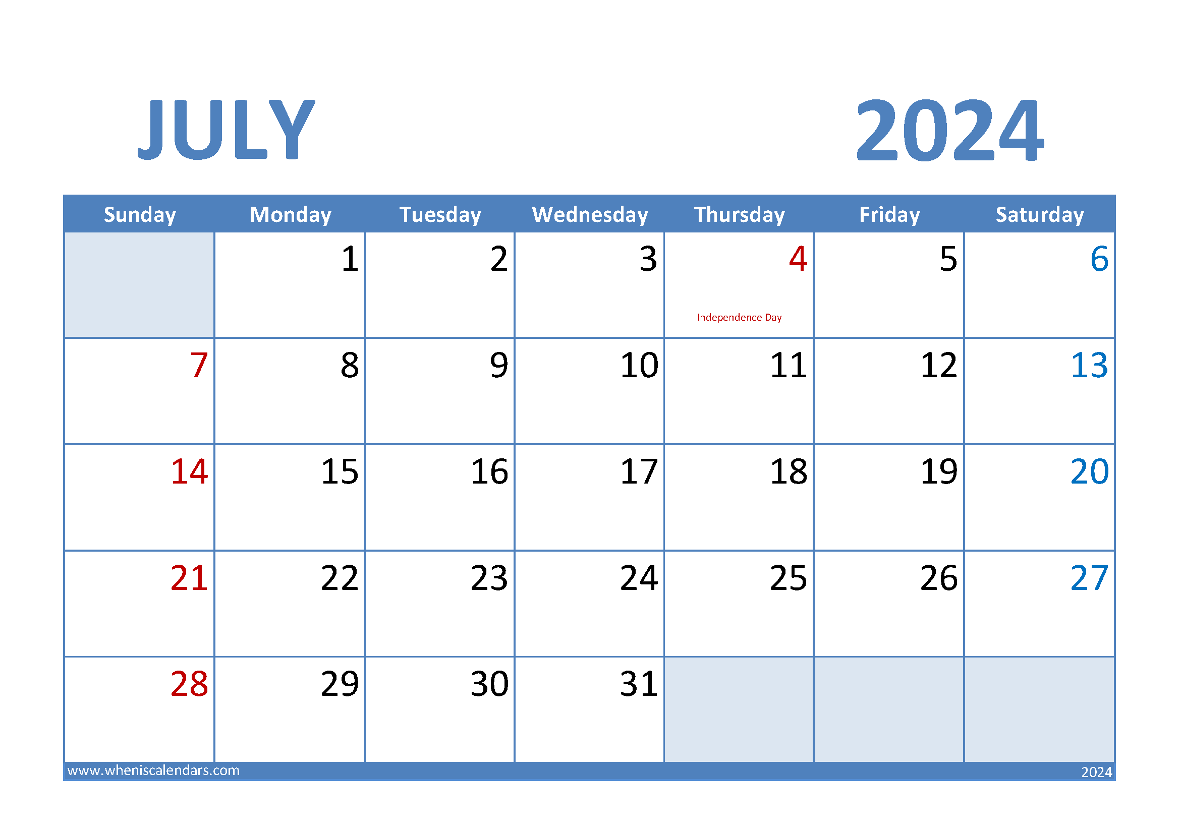 Download Blank July 2024 Calendar A4 Horizontal 74008