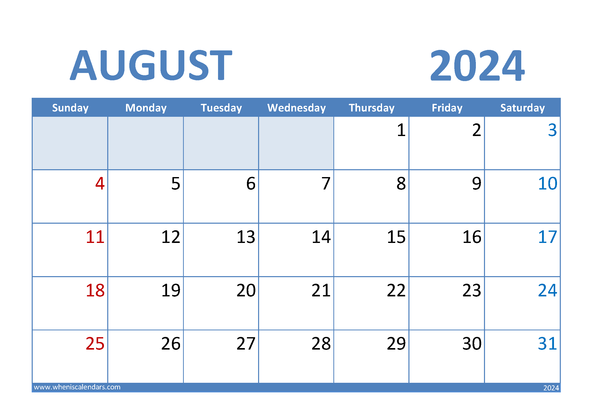 Download Blank August 2024 Calendar A4 Horizontal 84008