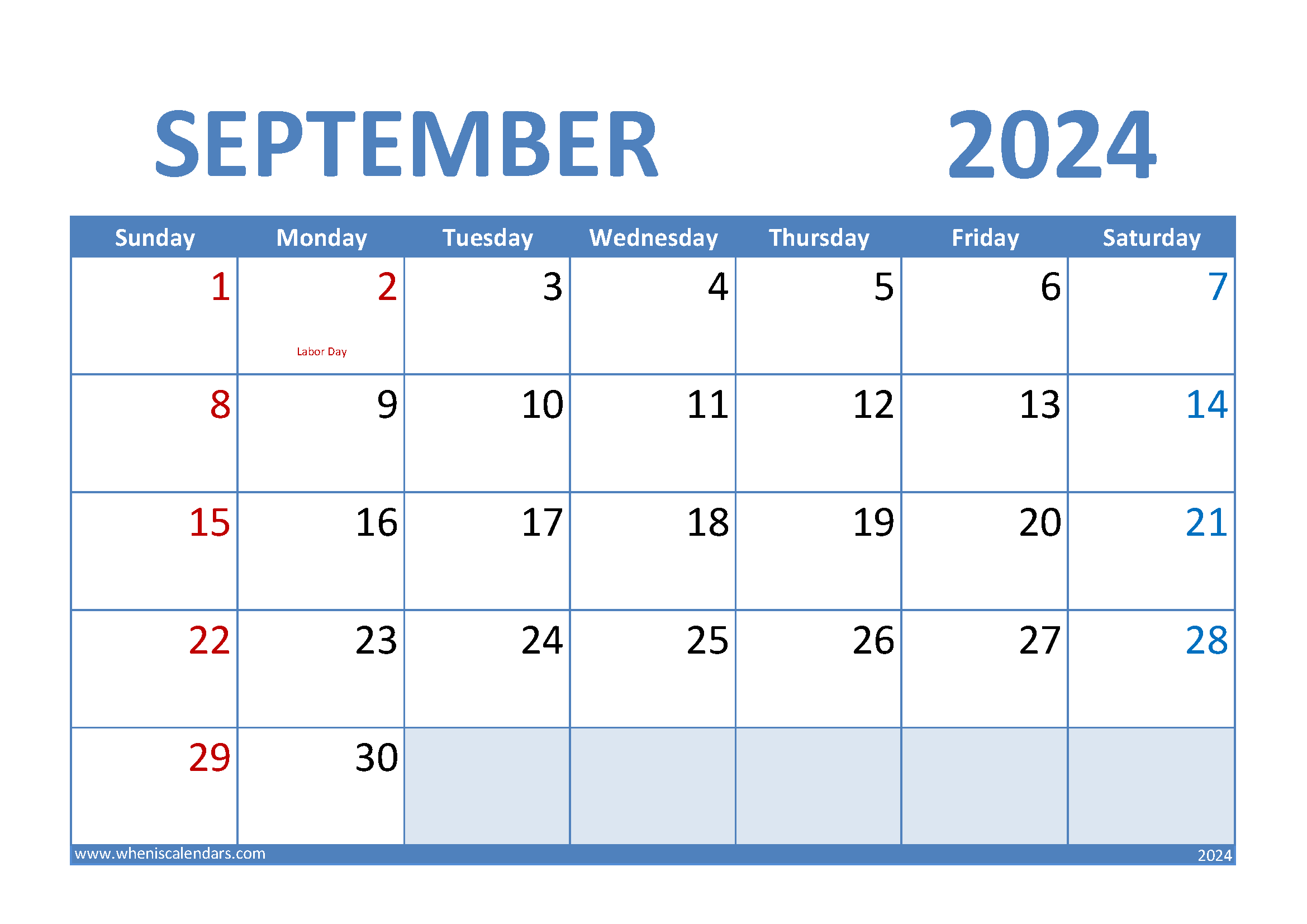 Download Blank September 2024 Calendar A4 Horizontal 94008