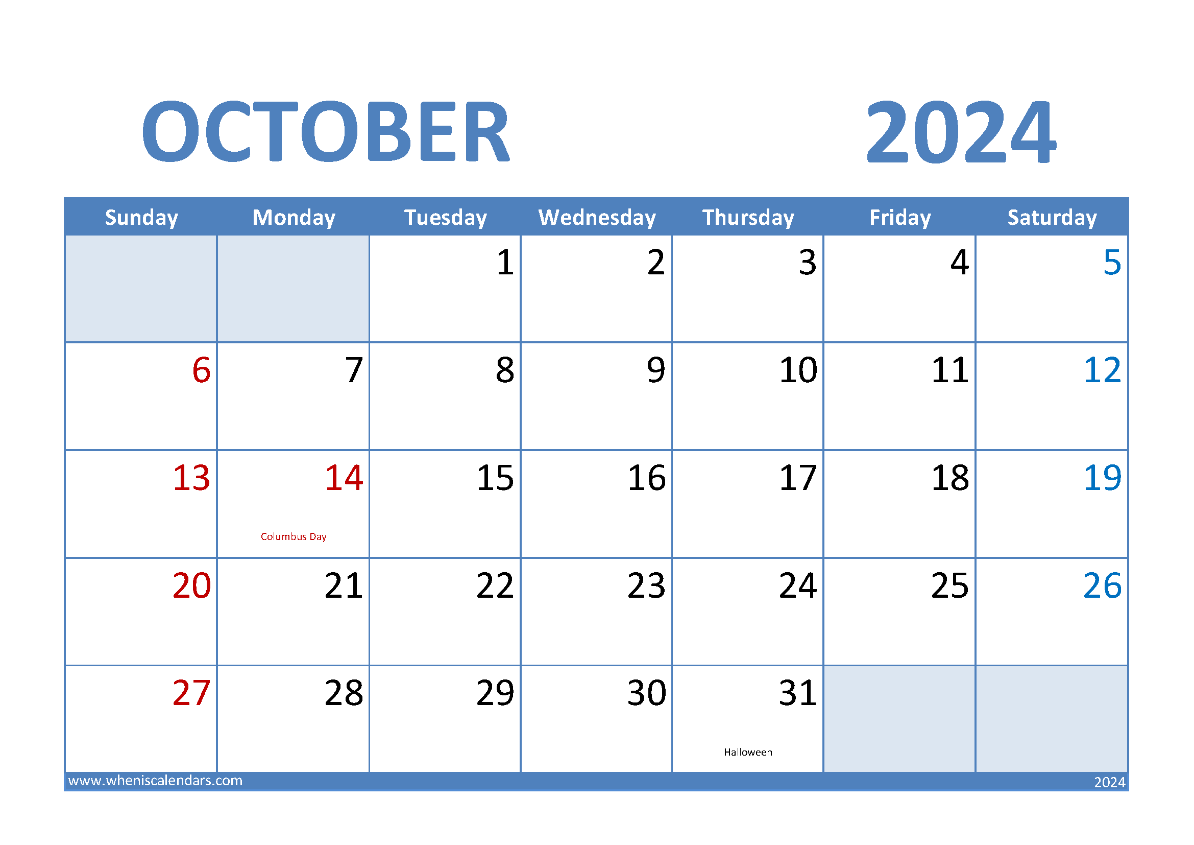 Download Blank October 2024 Calendar A4 Horizontal 104008