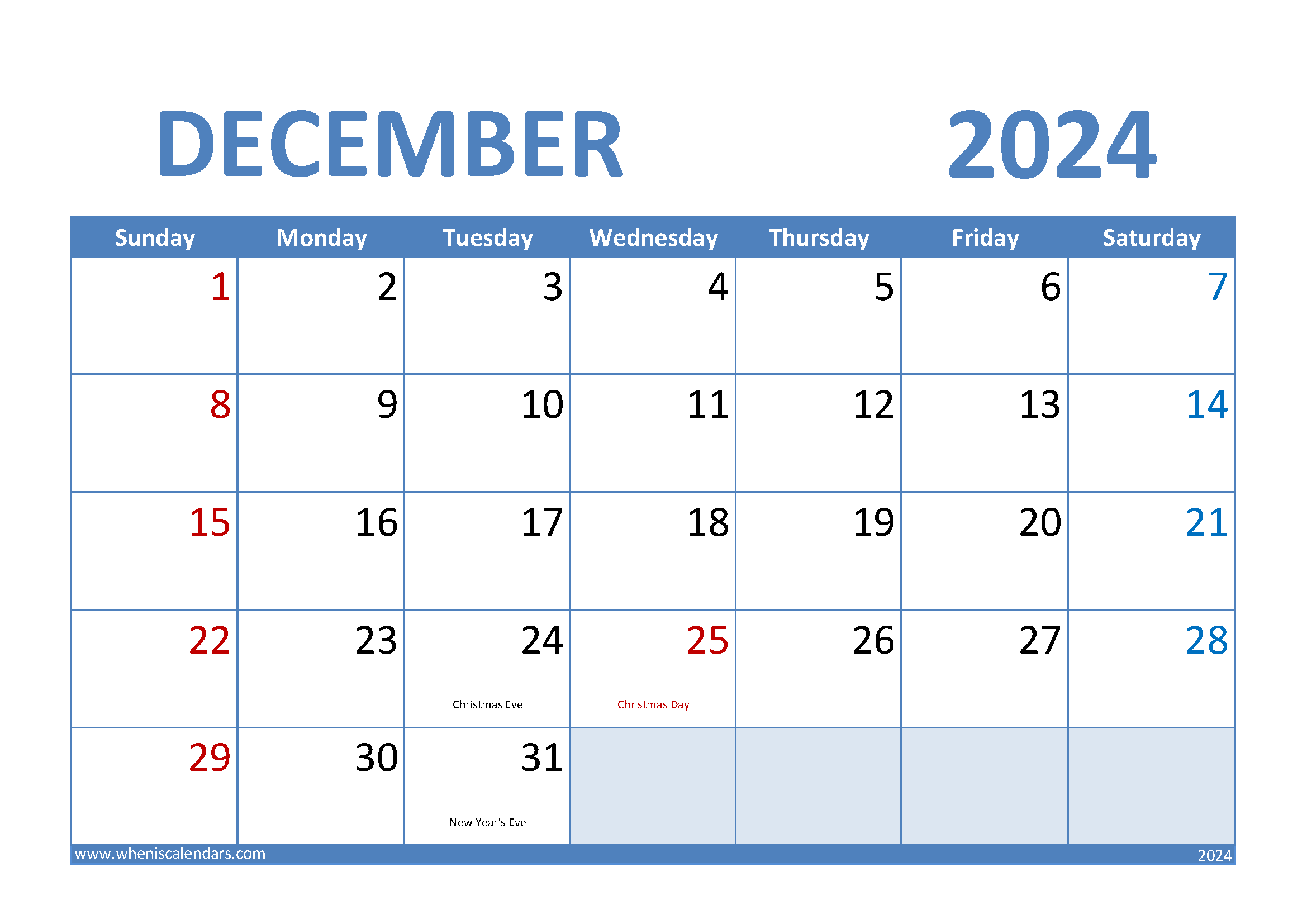Download Blank December 2024 Calendar A4 Horizontal 124008