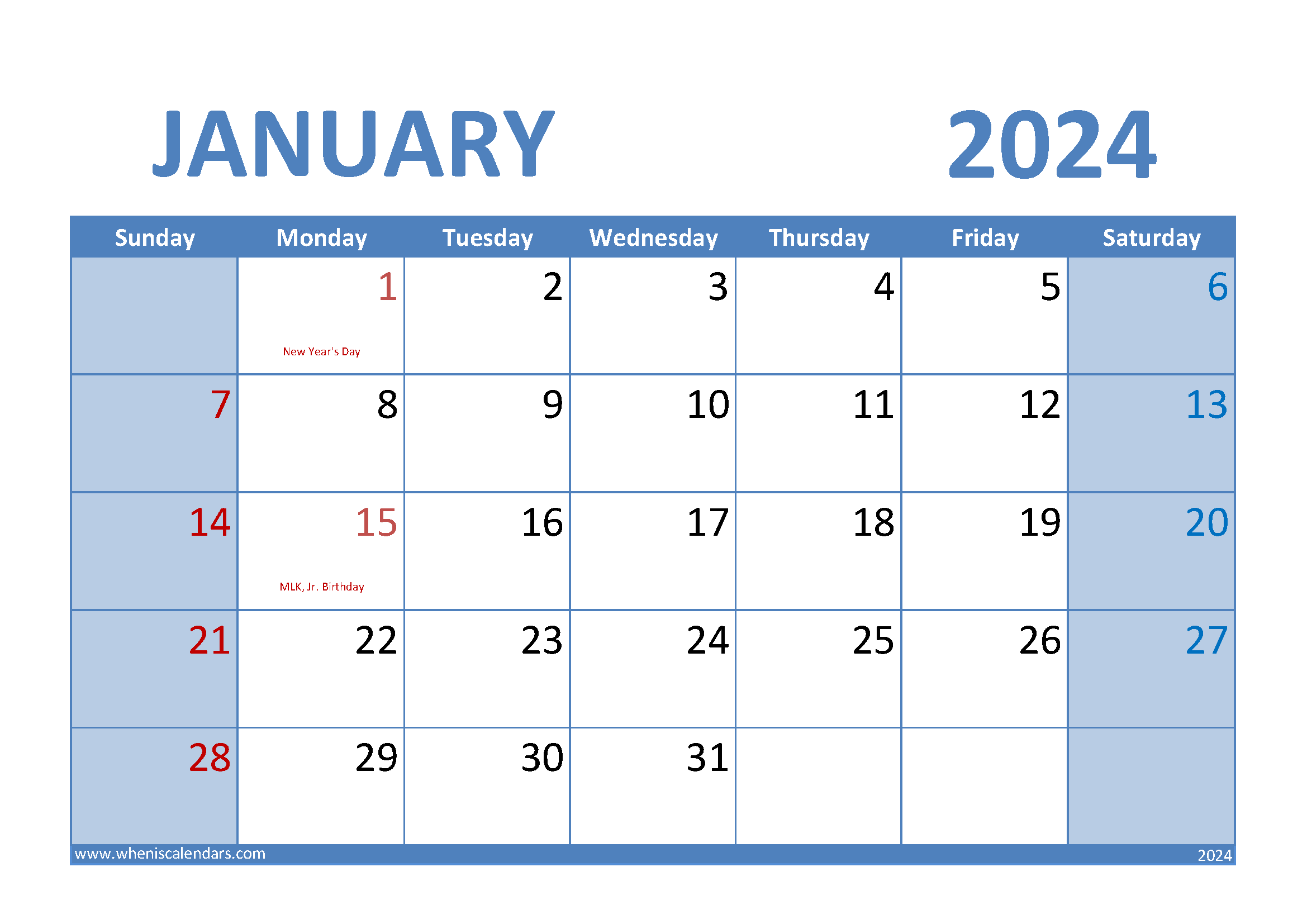 Download January 2024 Calendar A4 A4 Horizontal J4009