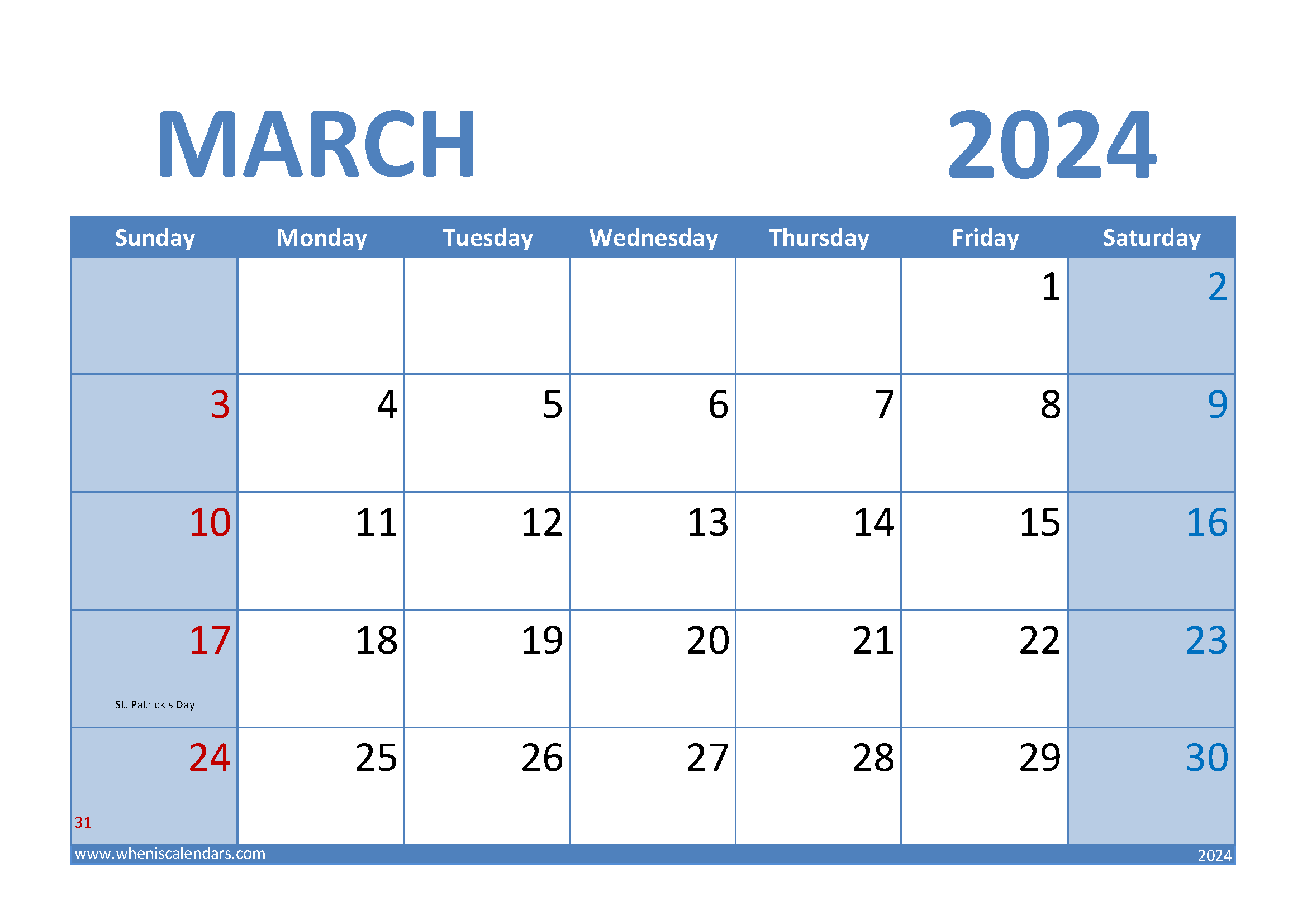 Download March 2024 Calendar A4 A4 Horizontal 34009
