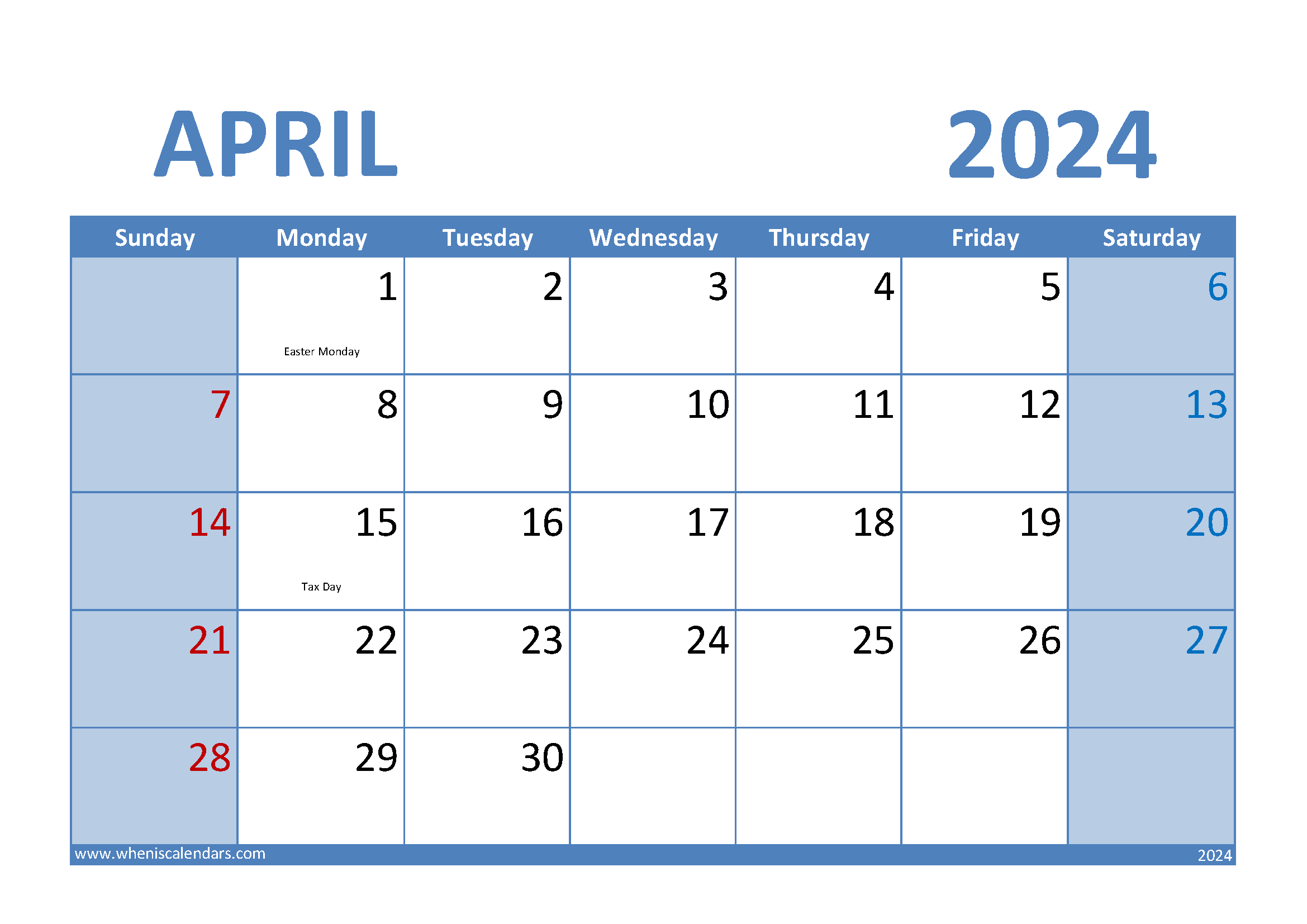 Download April 2024 Calendar A4 A4 Horizontal 44009