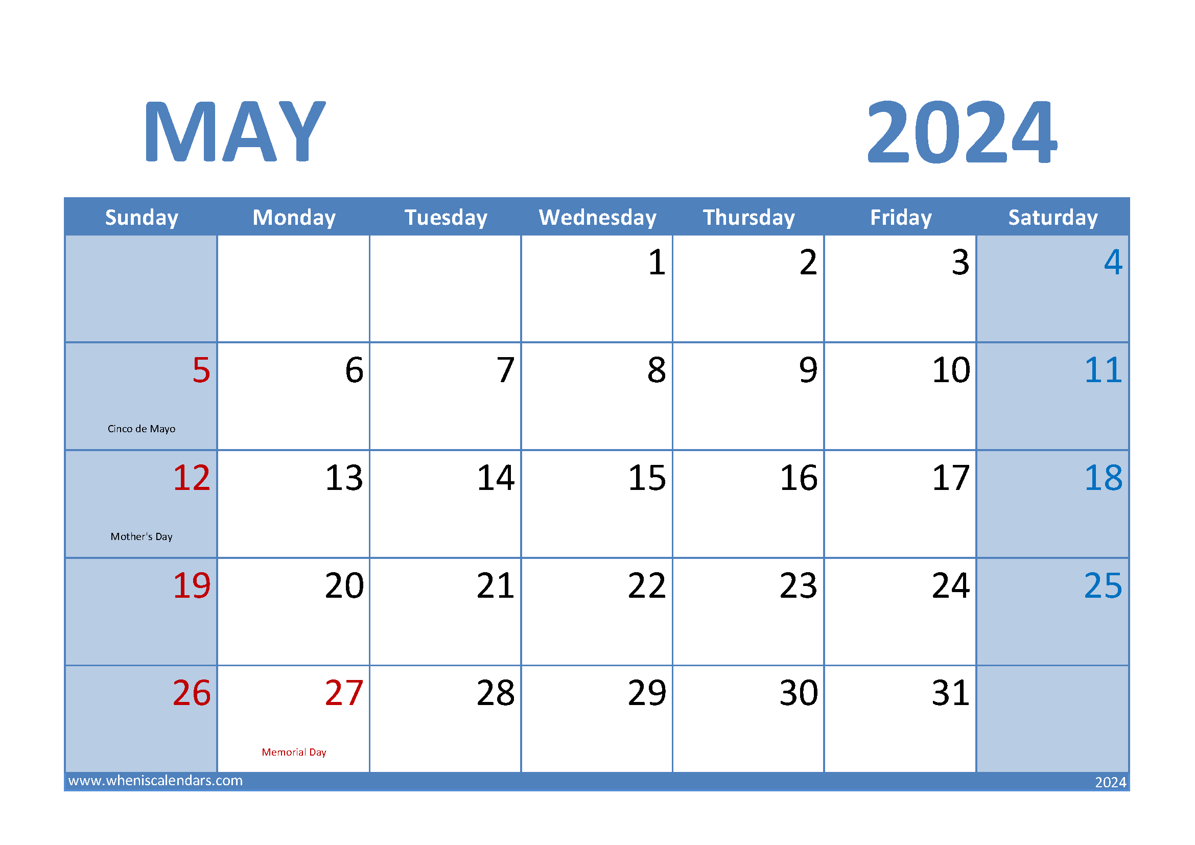 Download May 2024 Calendar A4 A4 Horizontal 54009