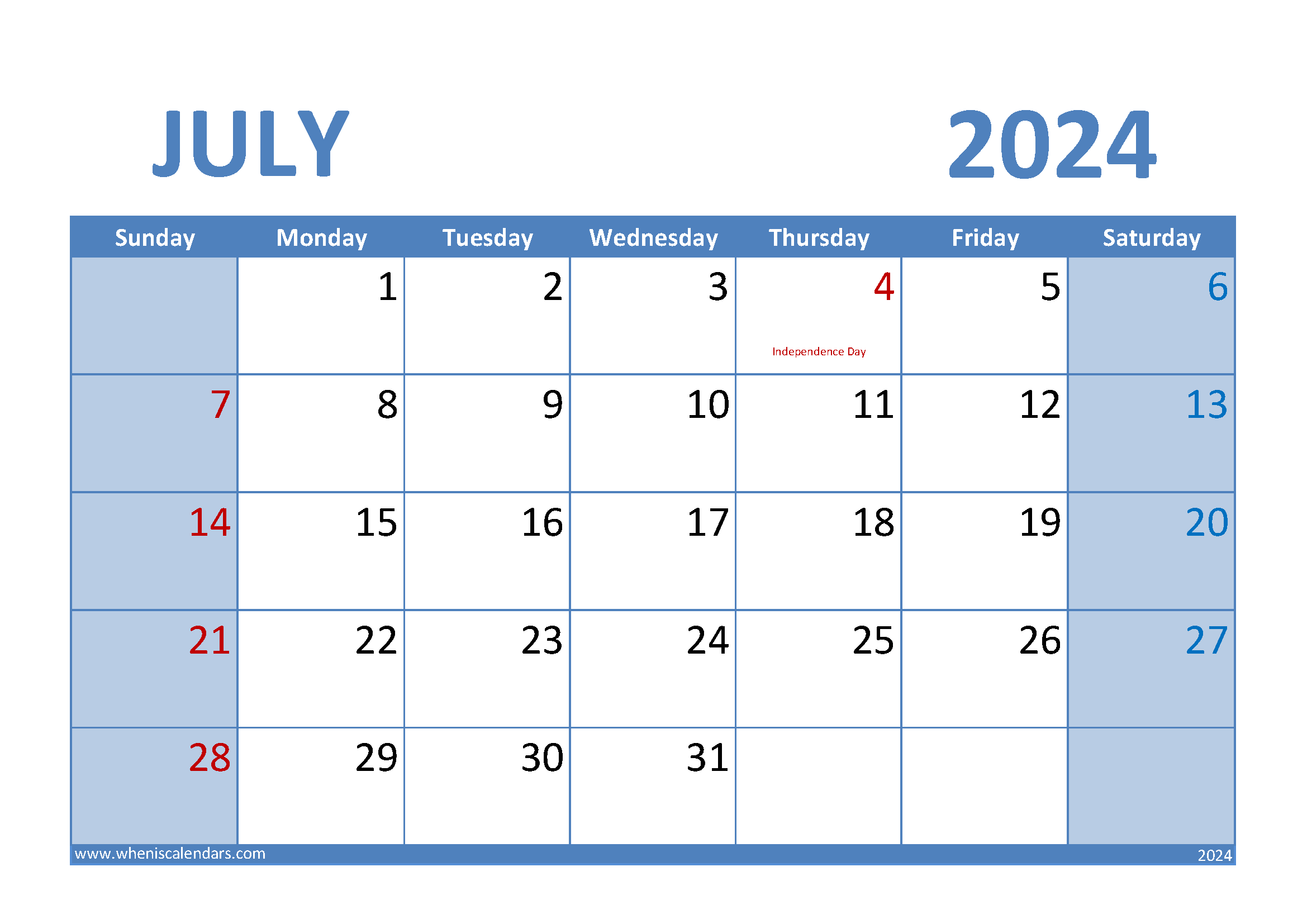 Download July 2024 Calendar A4 A4 Horizontal 74009