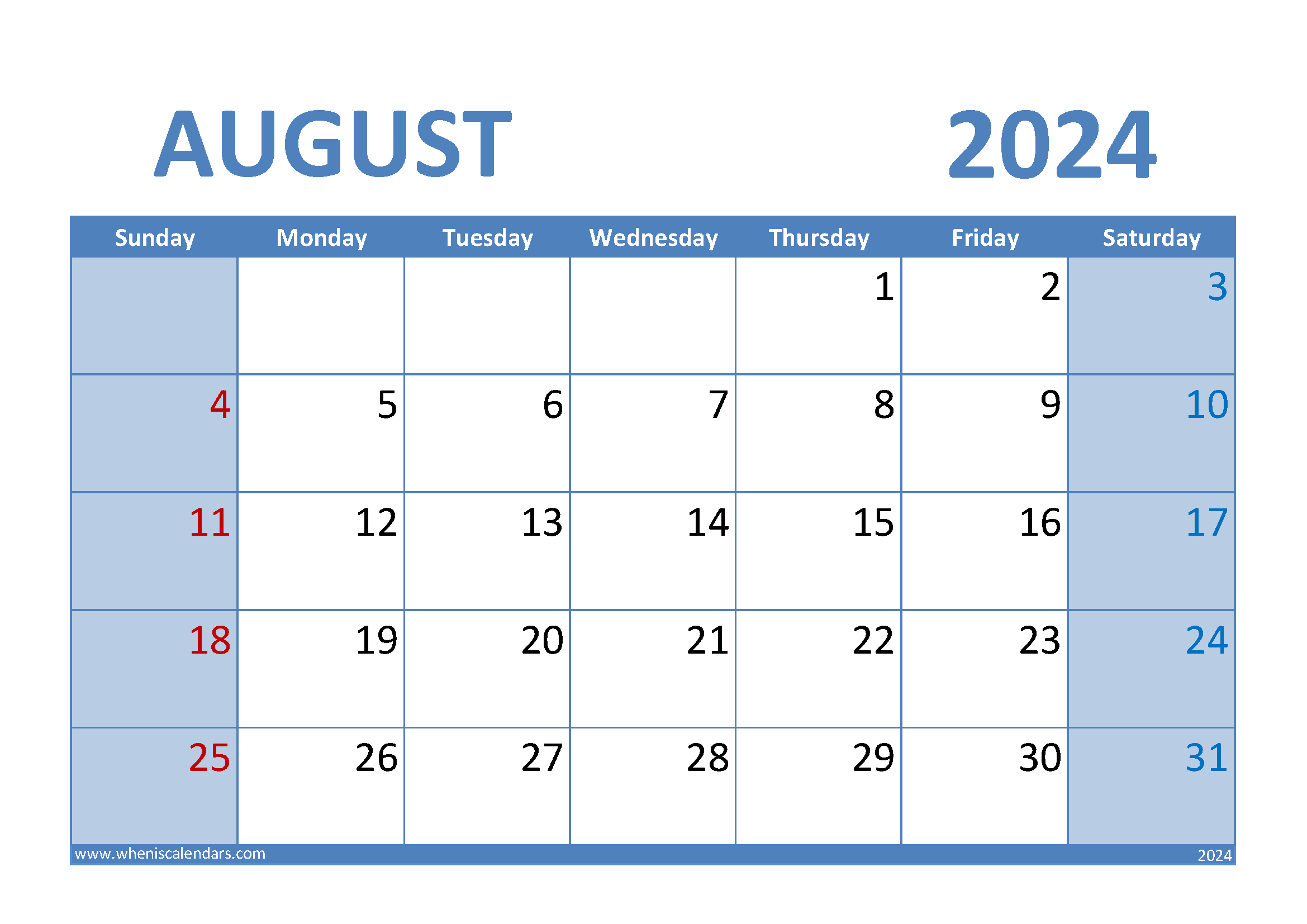 Download August 2024 Calendar A4 A4 Horizontal 84009