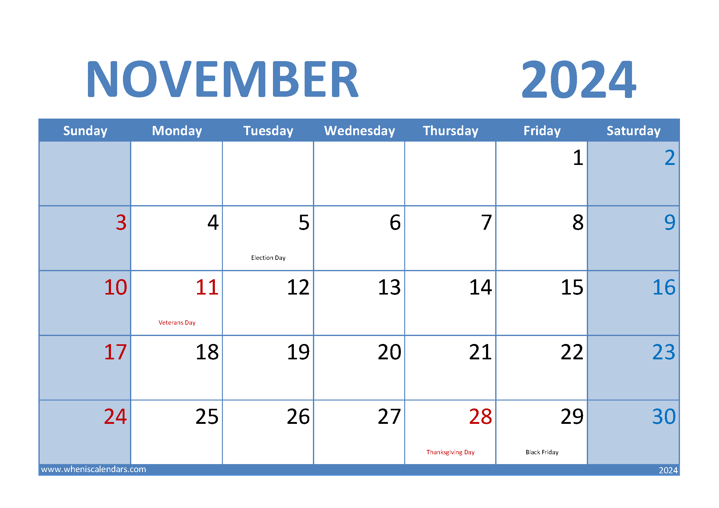 Download November 2024 Calendar A4 A4 Horizontal 114009