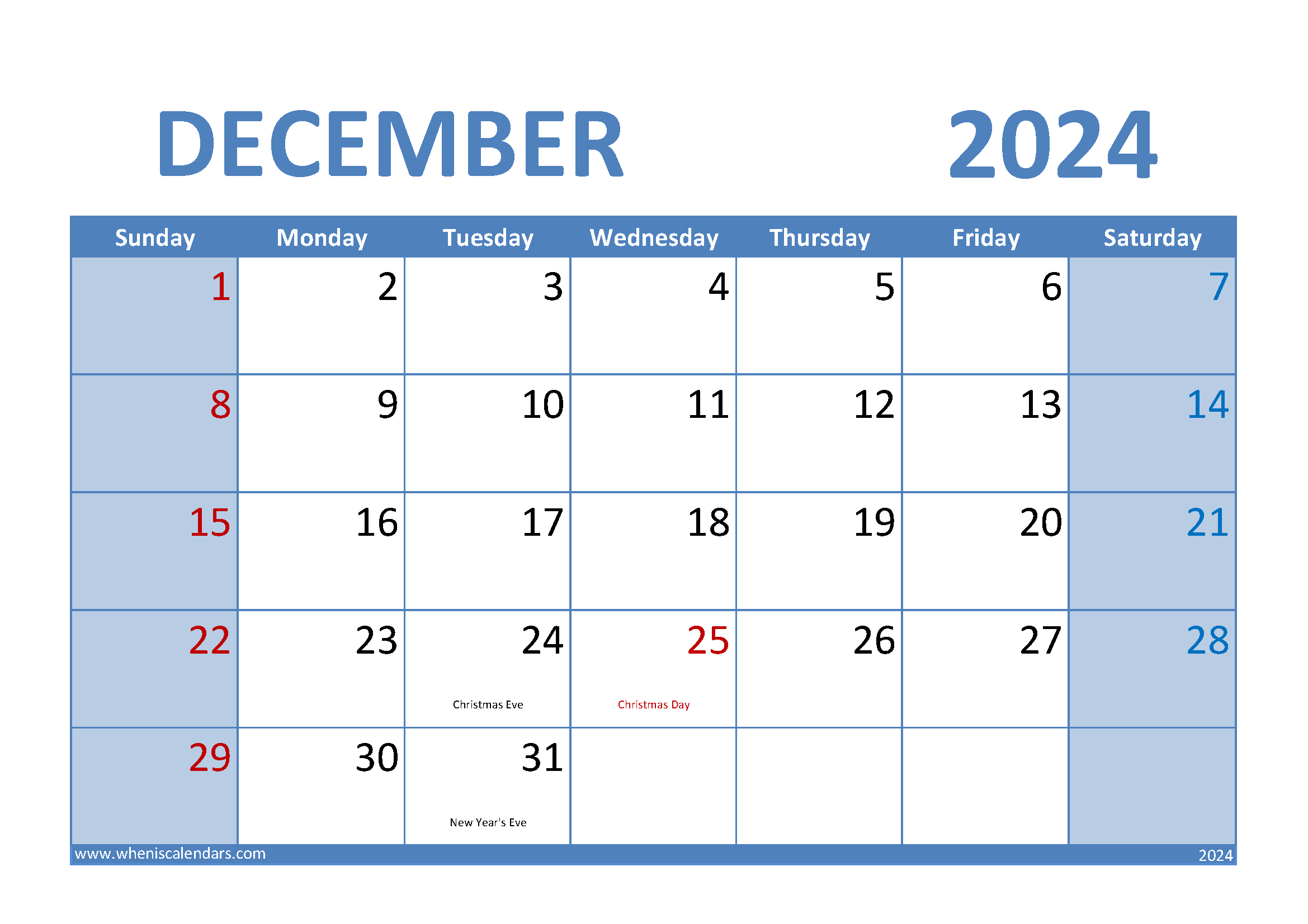 Download December 2024 Calendar A4 A4 Horizontal 124009