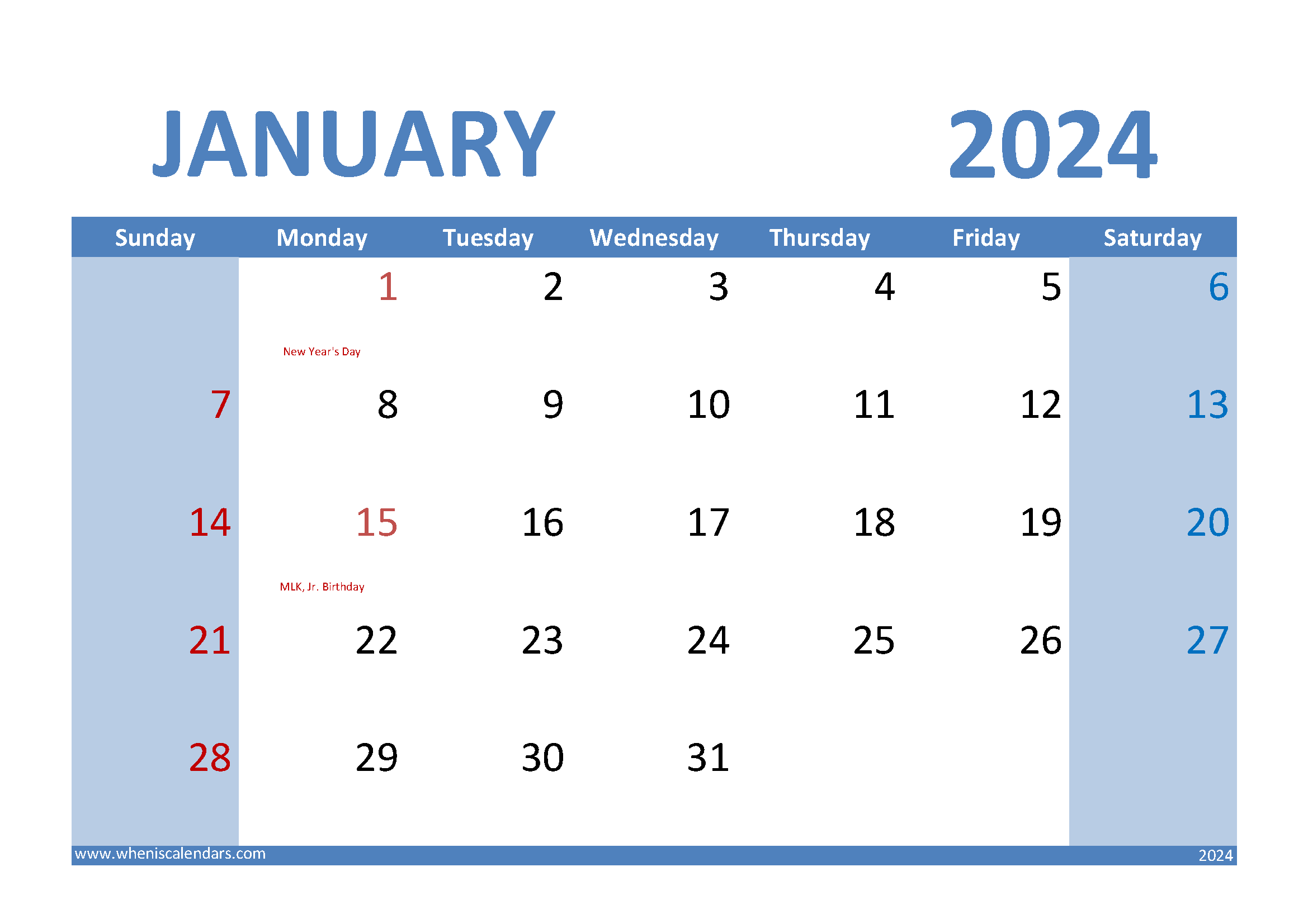 Download January 2024 Calendar landscape A4 Horizontal J4010