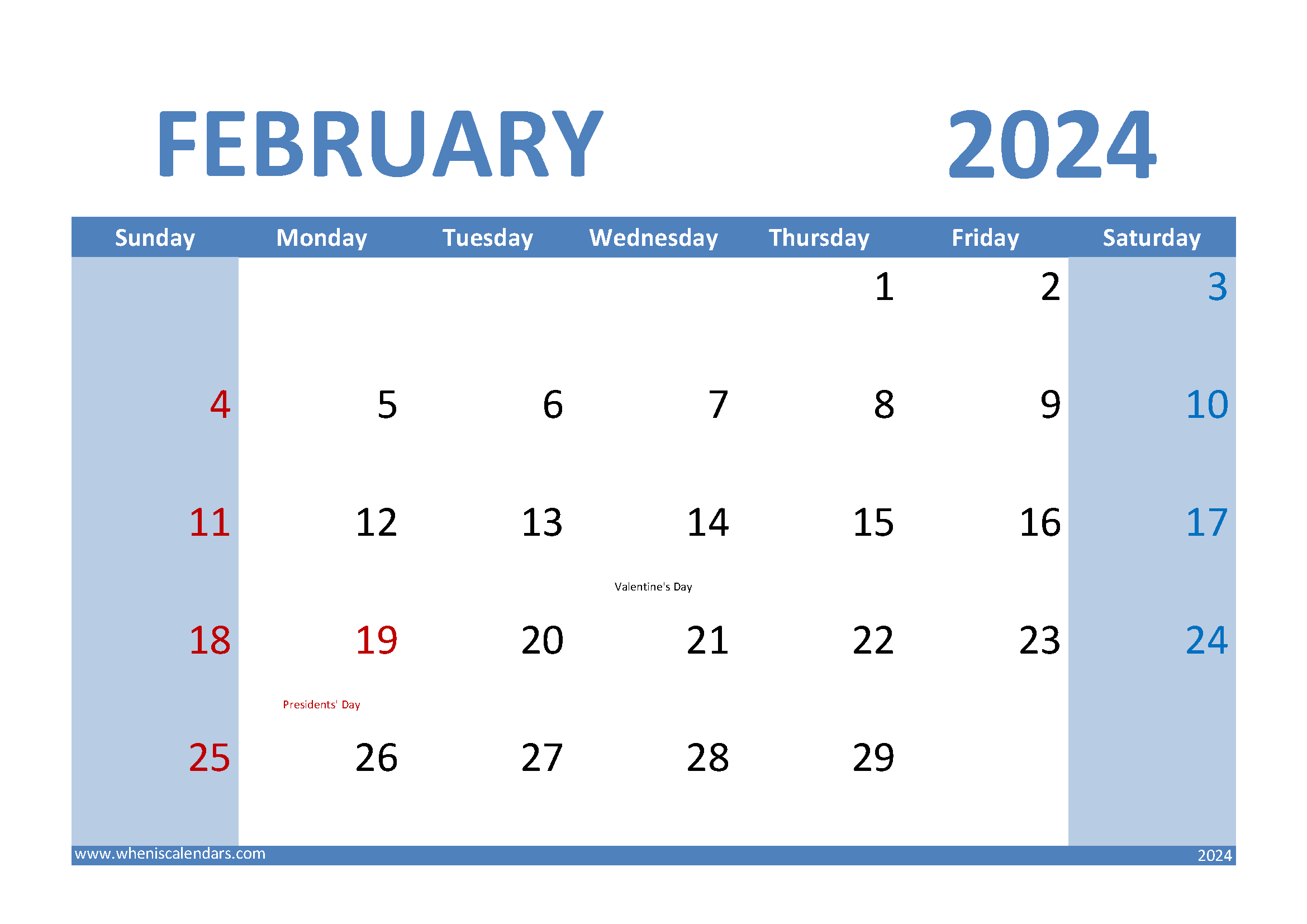 Download February 2024 Calendar landscape A4 Horizontal 24010