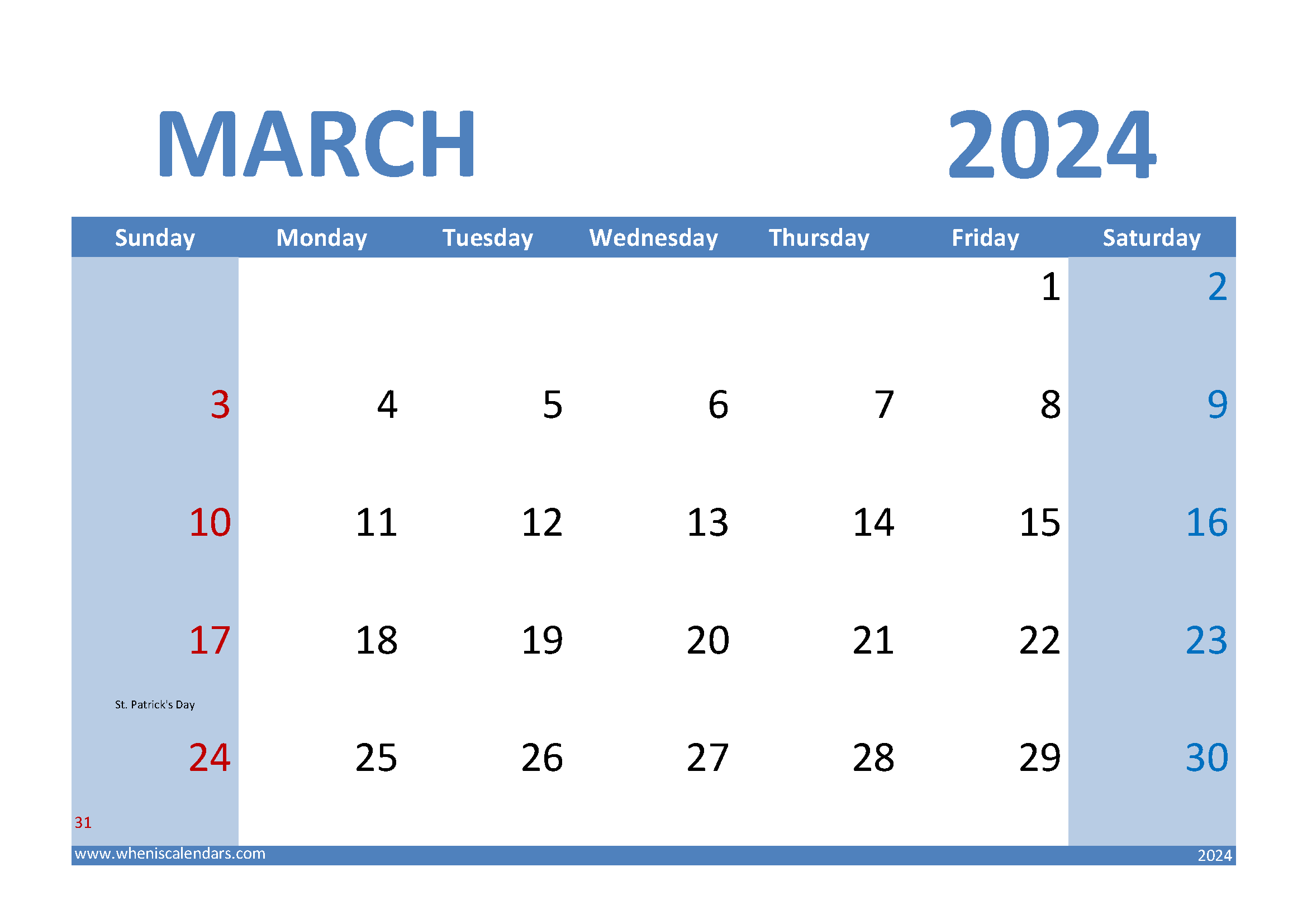 Download March 2024 Calendar landscape A4 Horizontal 34010