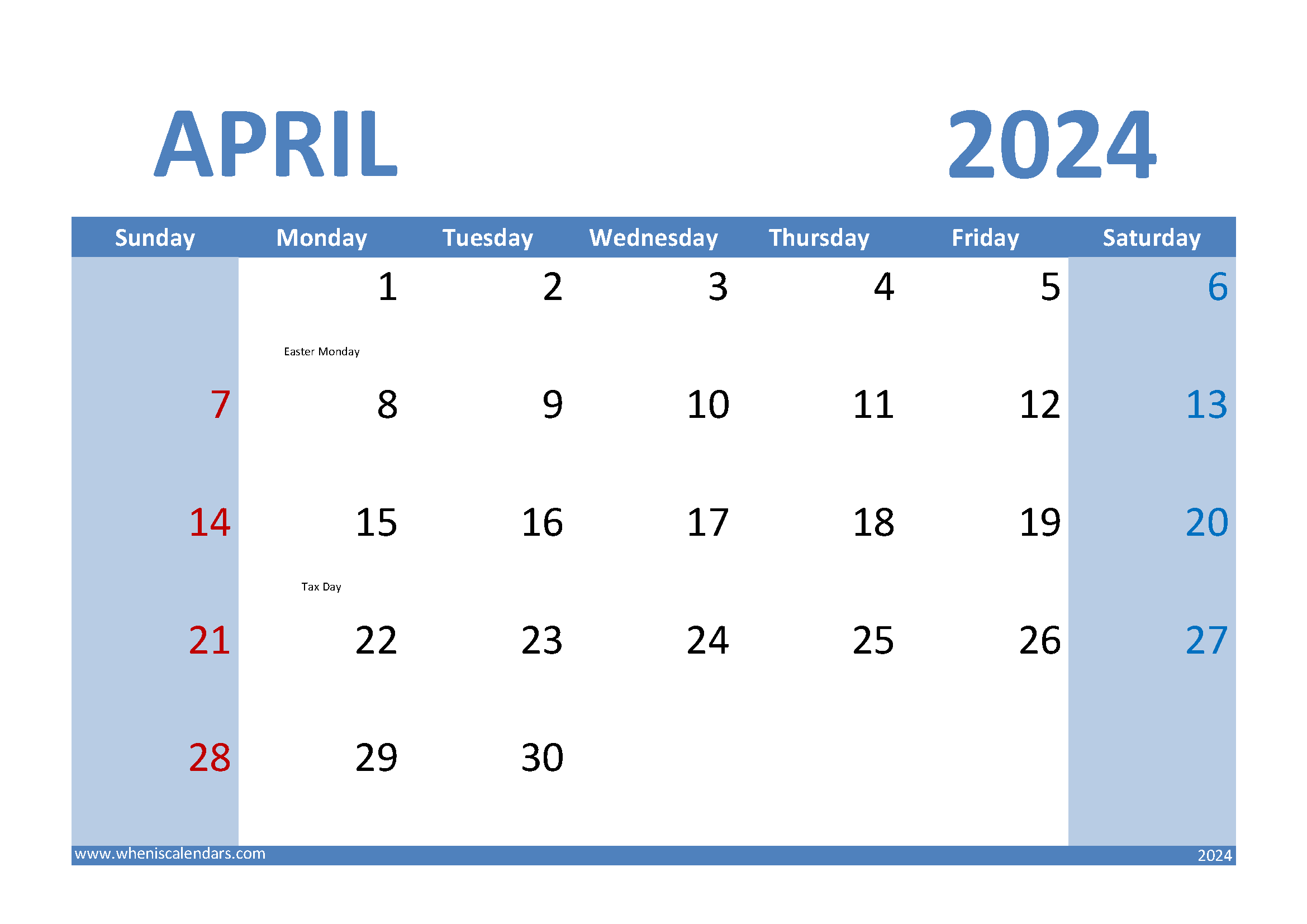 Download April 2024 Calendar landscape A4 Horizontal 44010