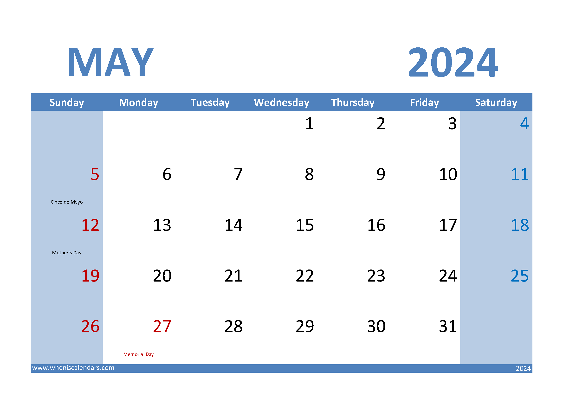 Download May 2024 Calendar landscape A4 Horizontal 54010