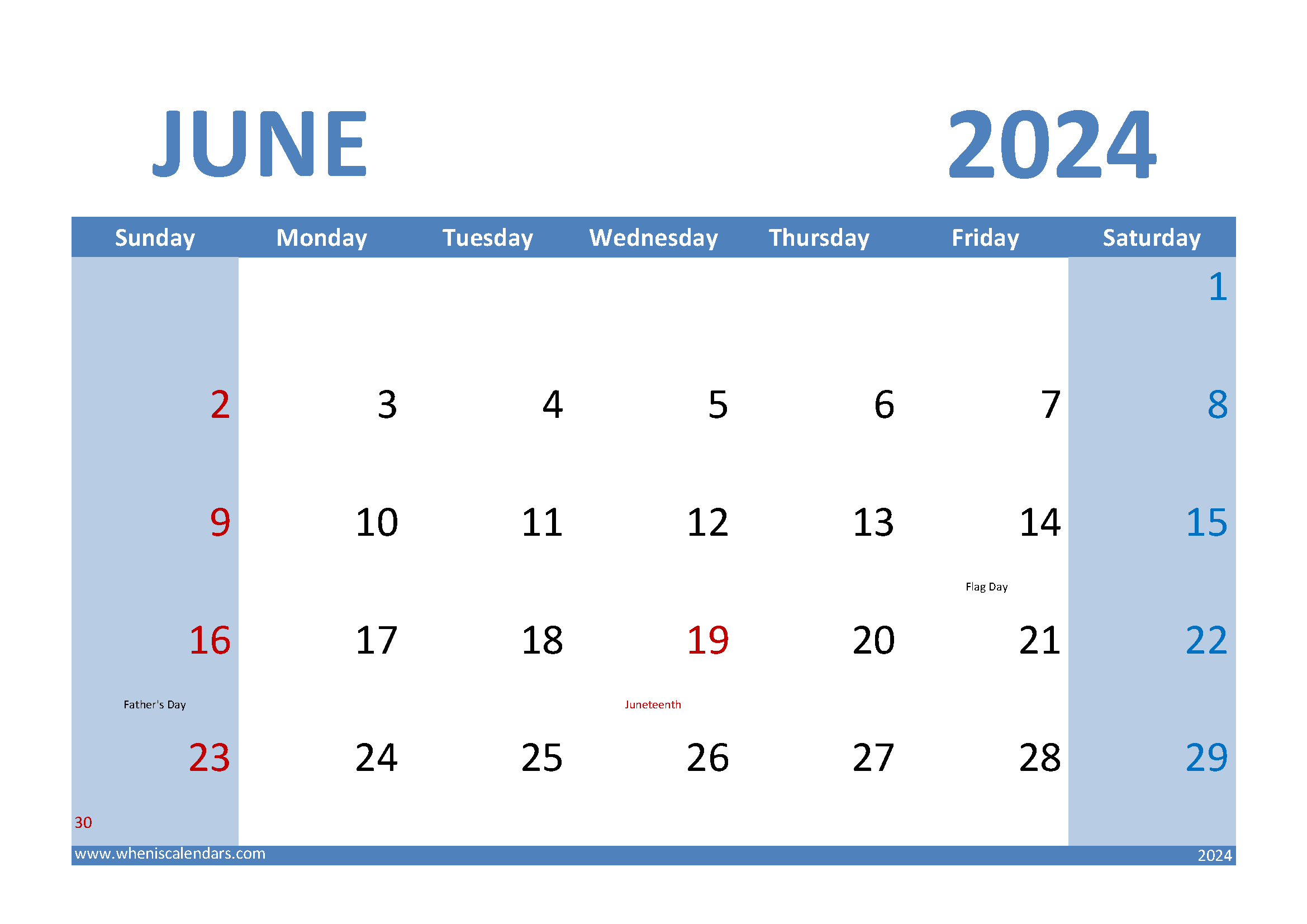 Download June 2024 Calendar landscape A4 Horizontal 64010