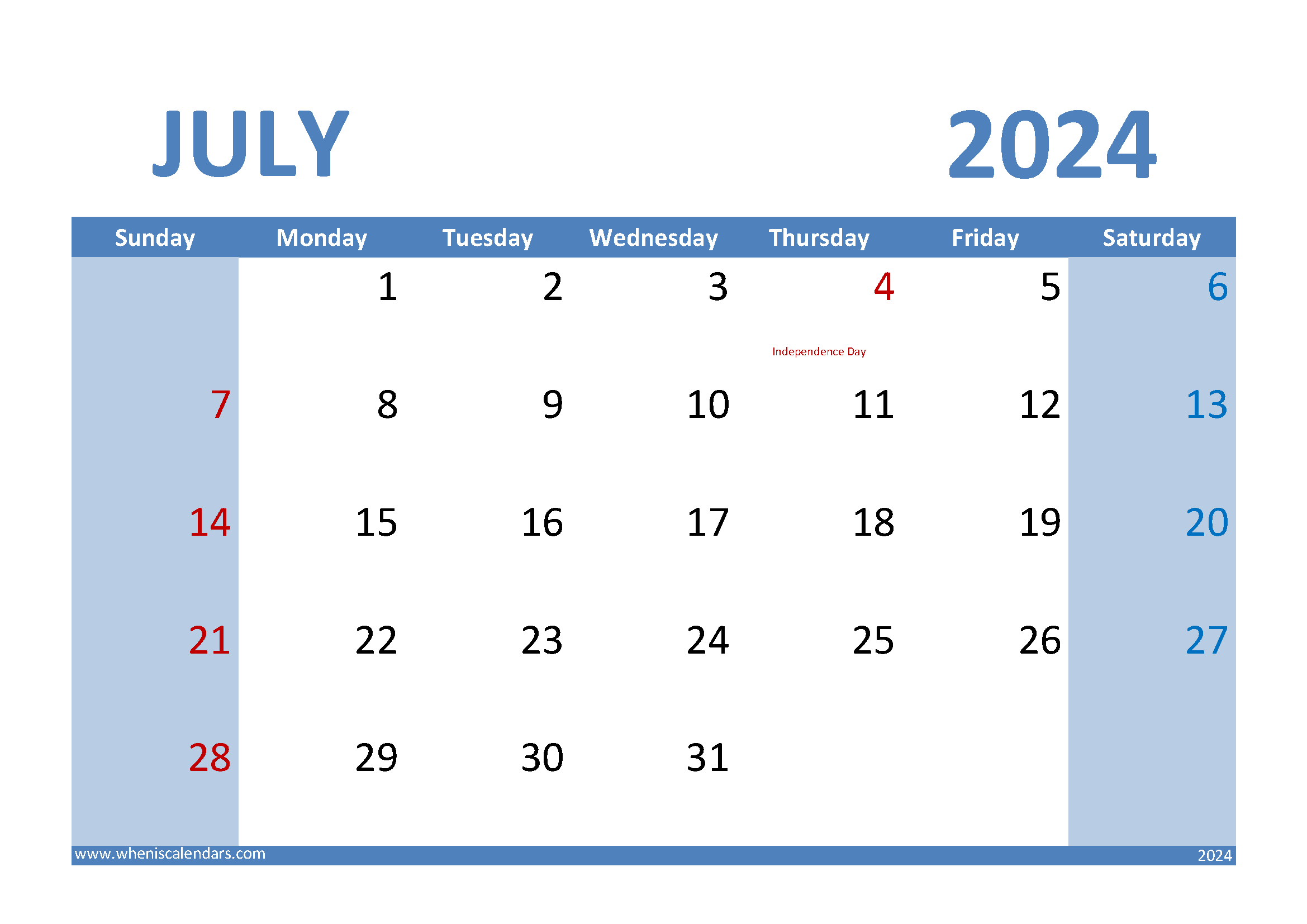 Download July 2024 Calendar landscape A4 Horizontal 74010