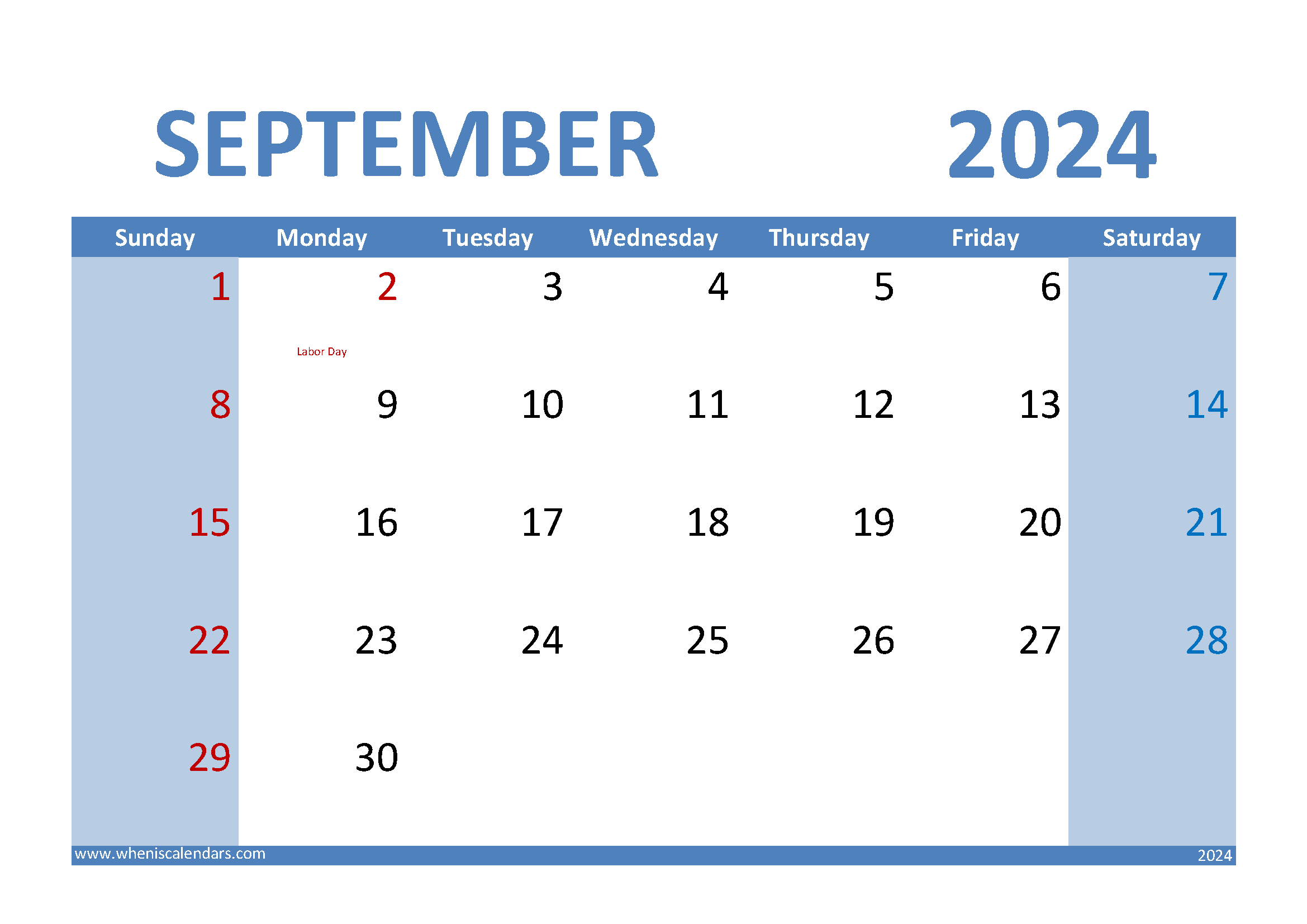 Download September 2024 Calendar landscape A4 Horizontal 94010