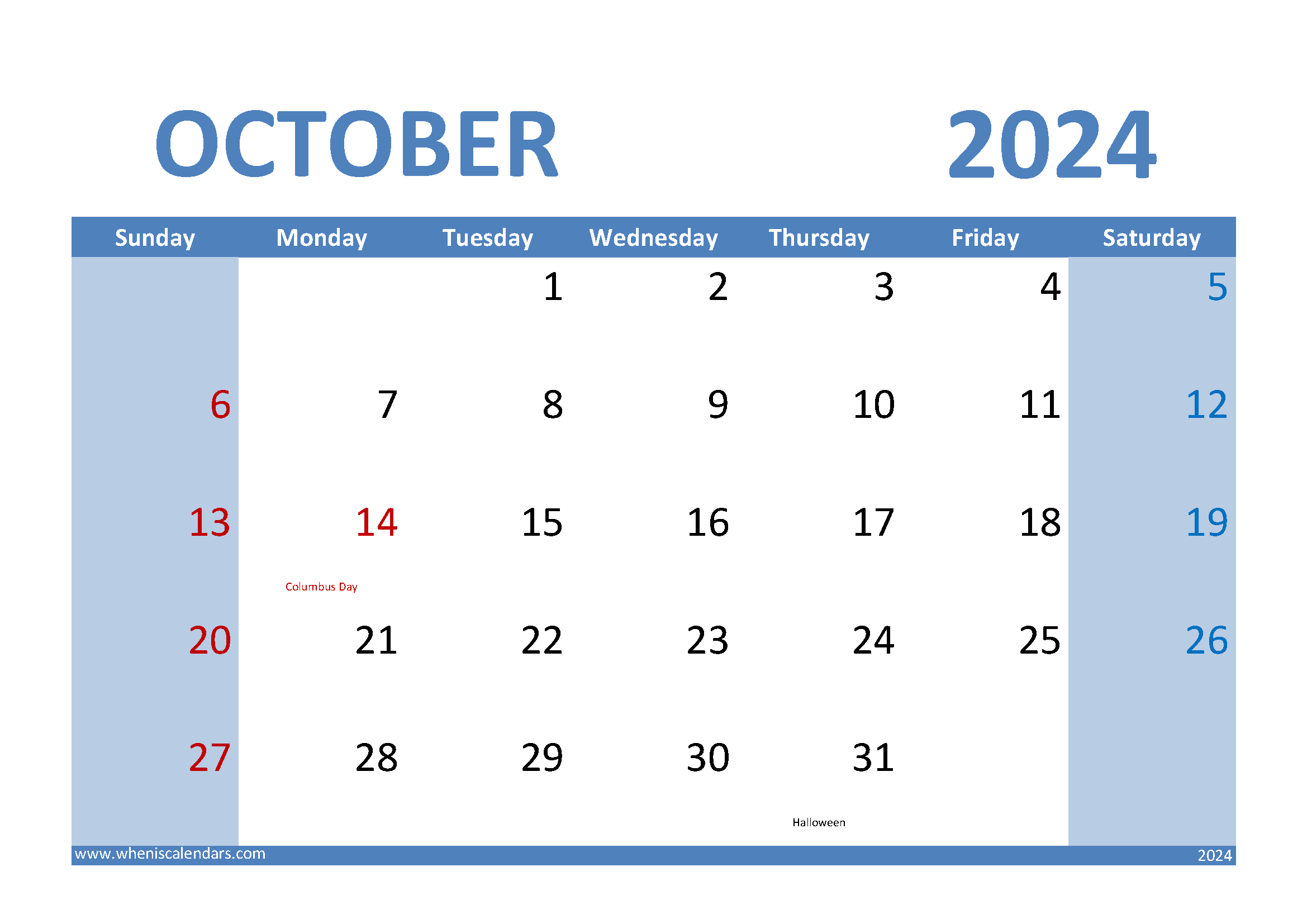 Download October 2024 Calendar landscape A4 Horizontal 104010