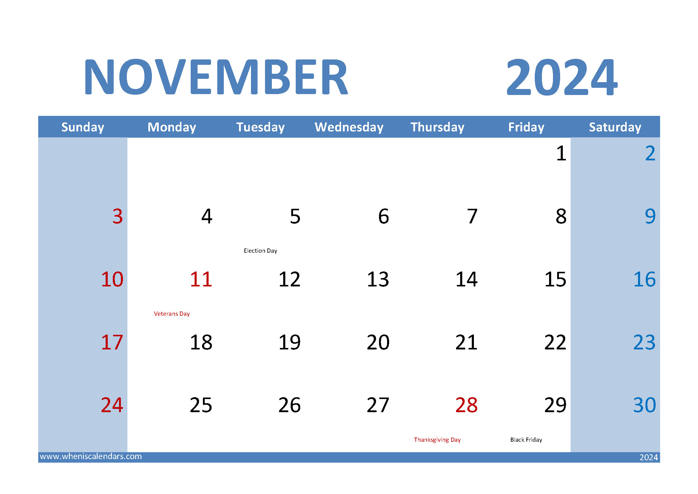 Download November 2024 Calendar landscape A4 Horizontal 114010