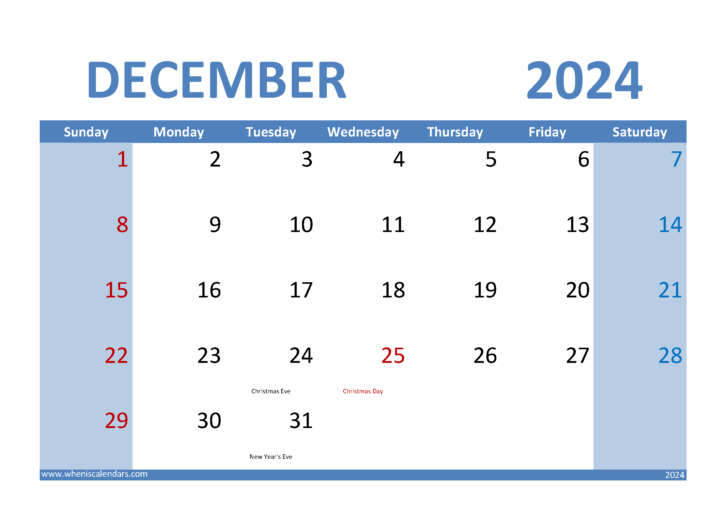 Download December 2024 Calendar landscape A4 Horizontal 124010