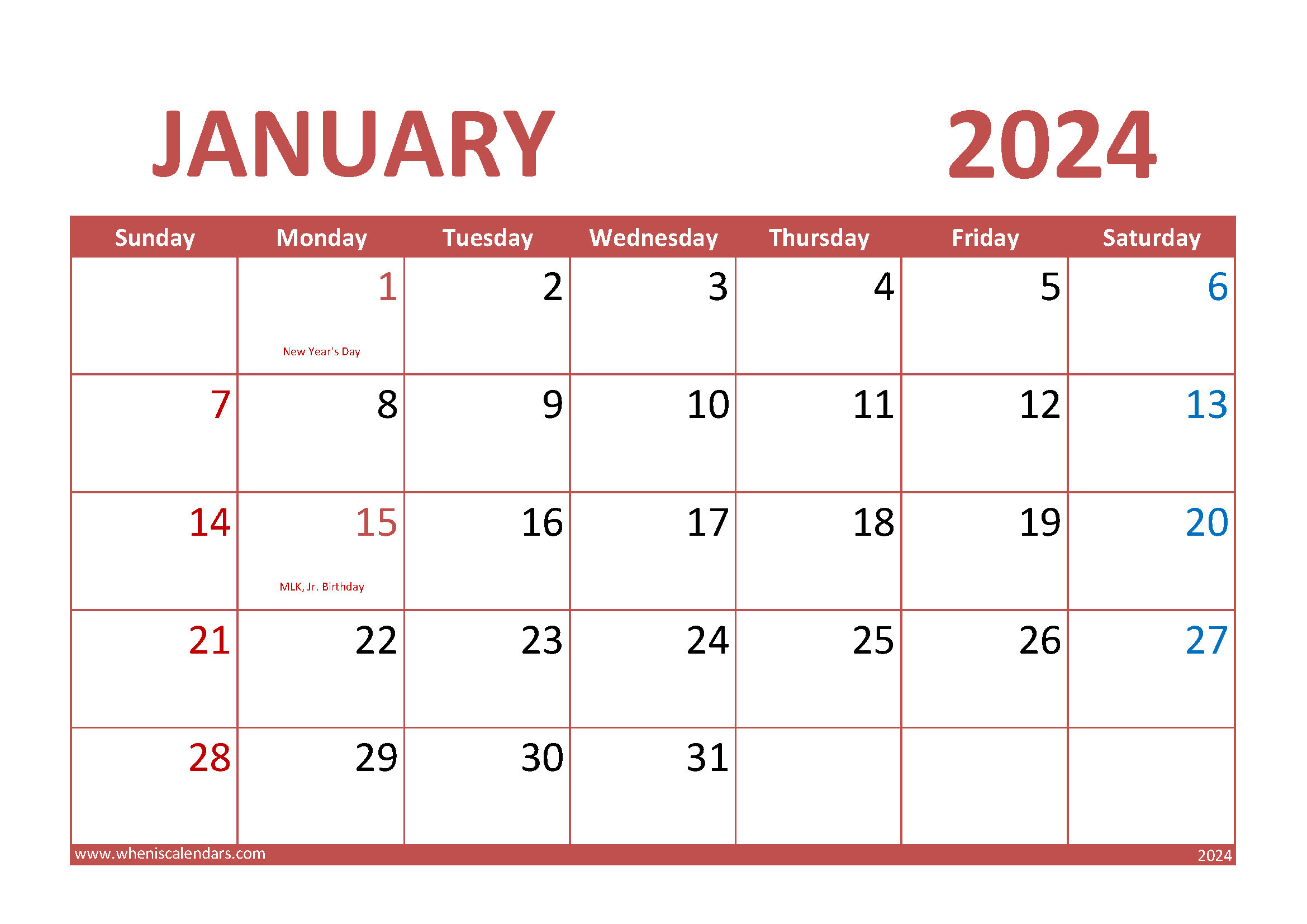 Download January 2024 Printable Calendar A4 Horizontal J4011