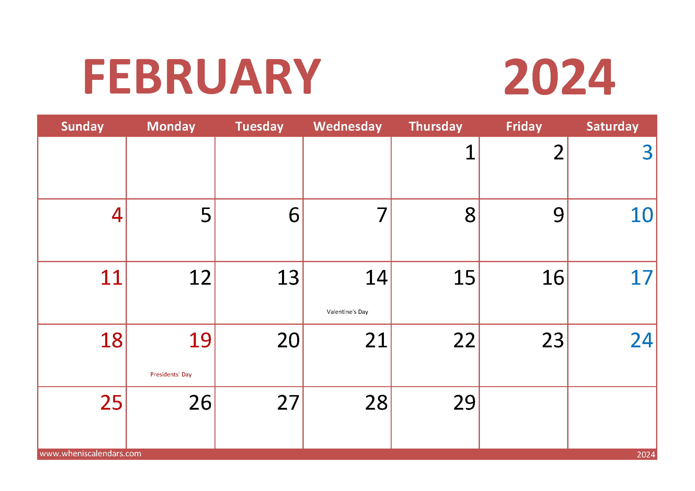 Download February 2024 Printable Calendar A4 Horizontal 24011