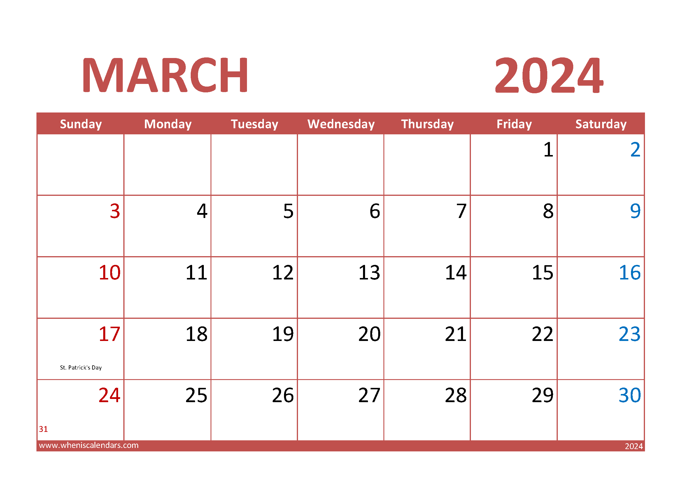 Download March 2024 Printable Calendar A4 Horizontal 34011
