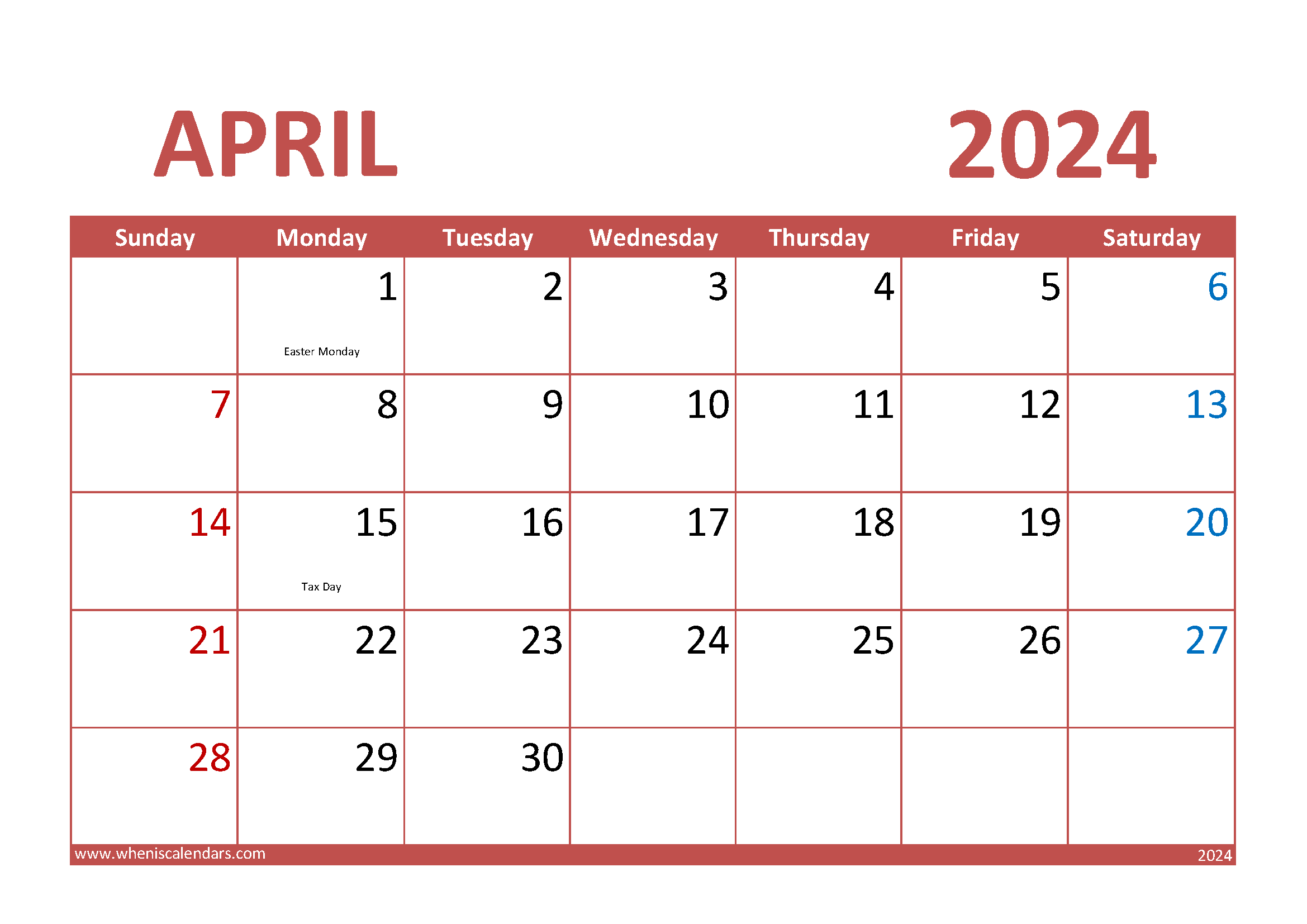 Download April 2024 Printable Calendar A4 Horizontal 44011
