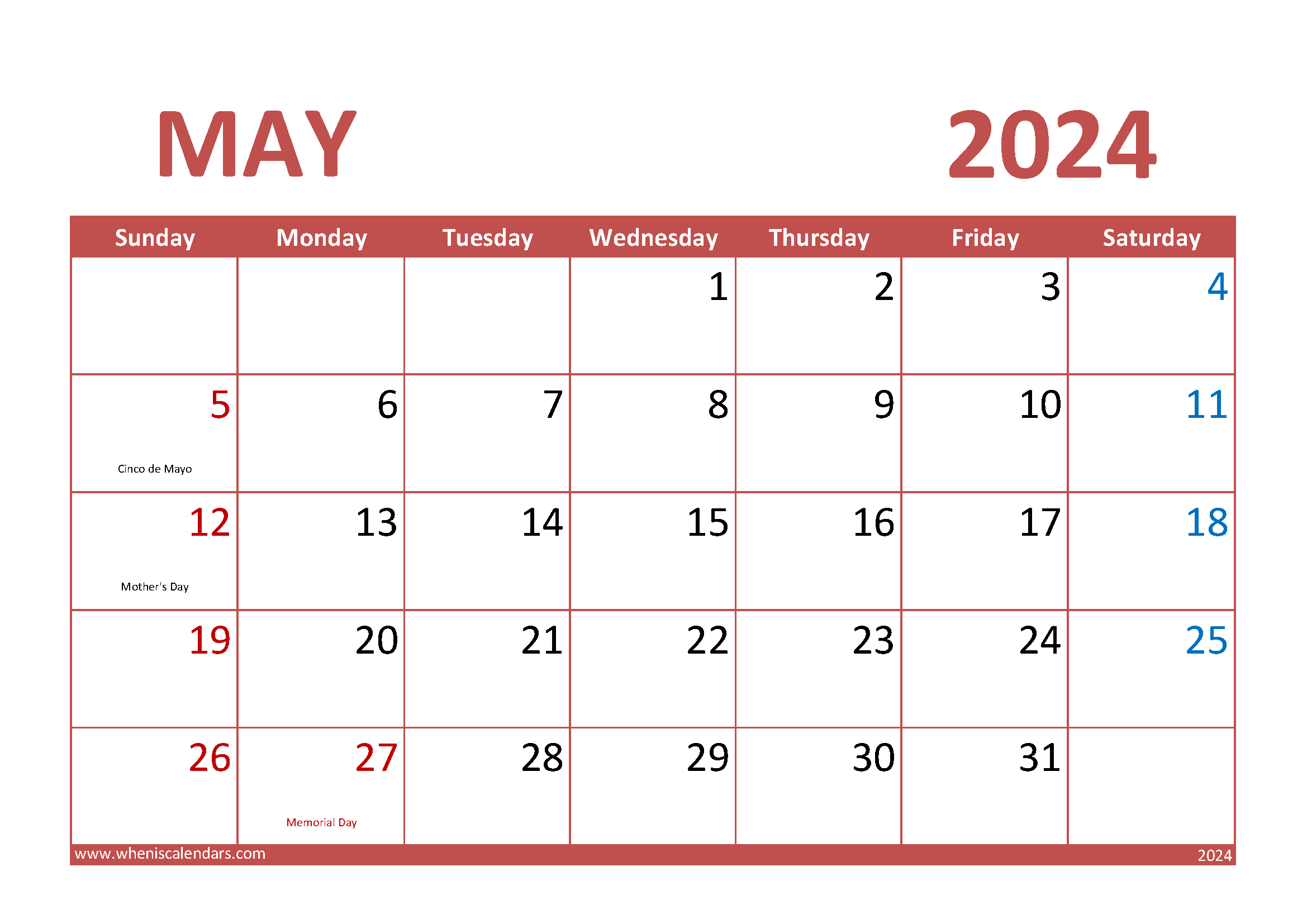 Download May 2024 Printable Calendar A4 Horizontal 54011