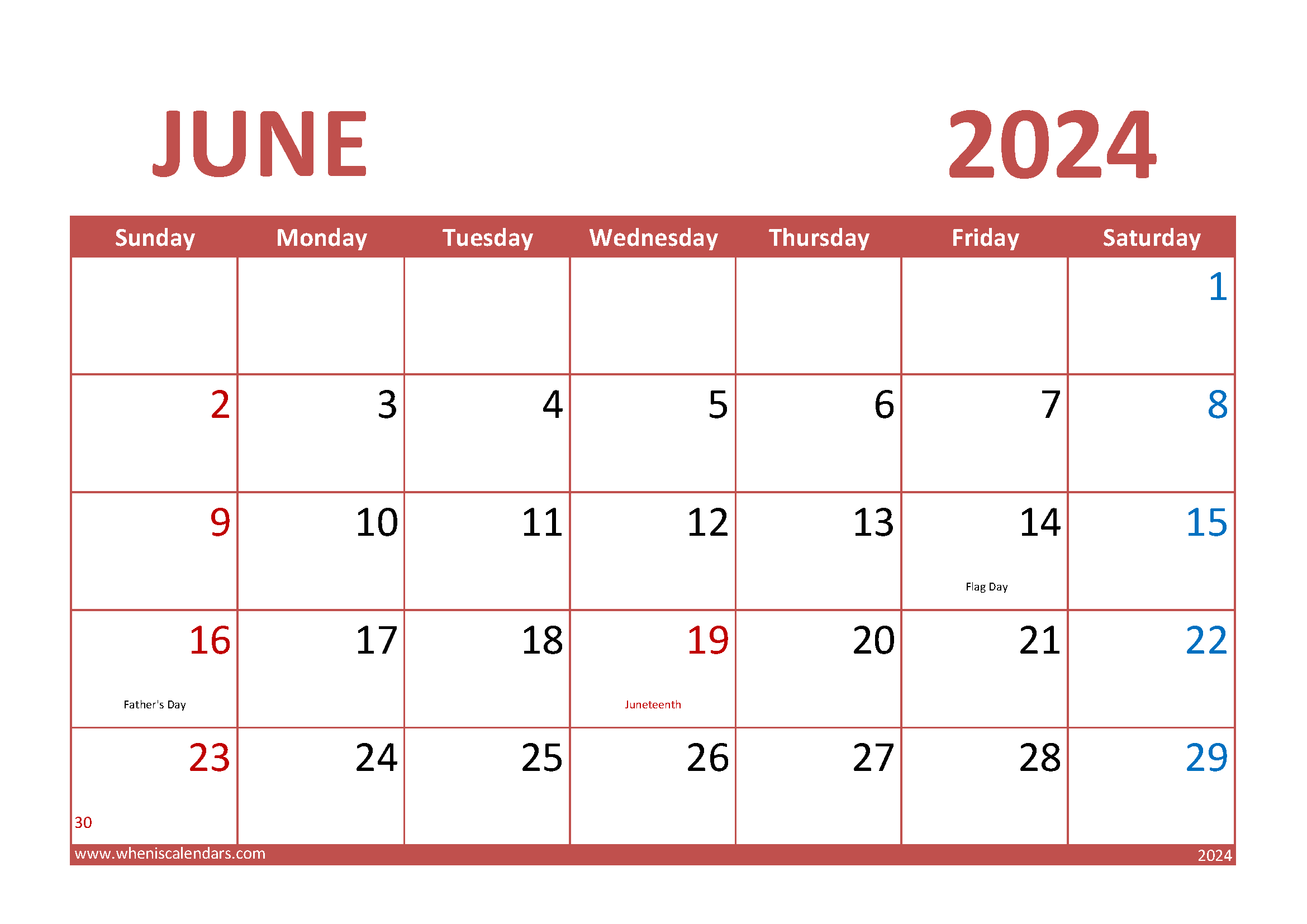 Download June 2024 Printable Calendar A4 Horizontal 64011