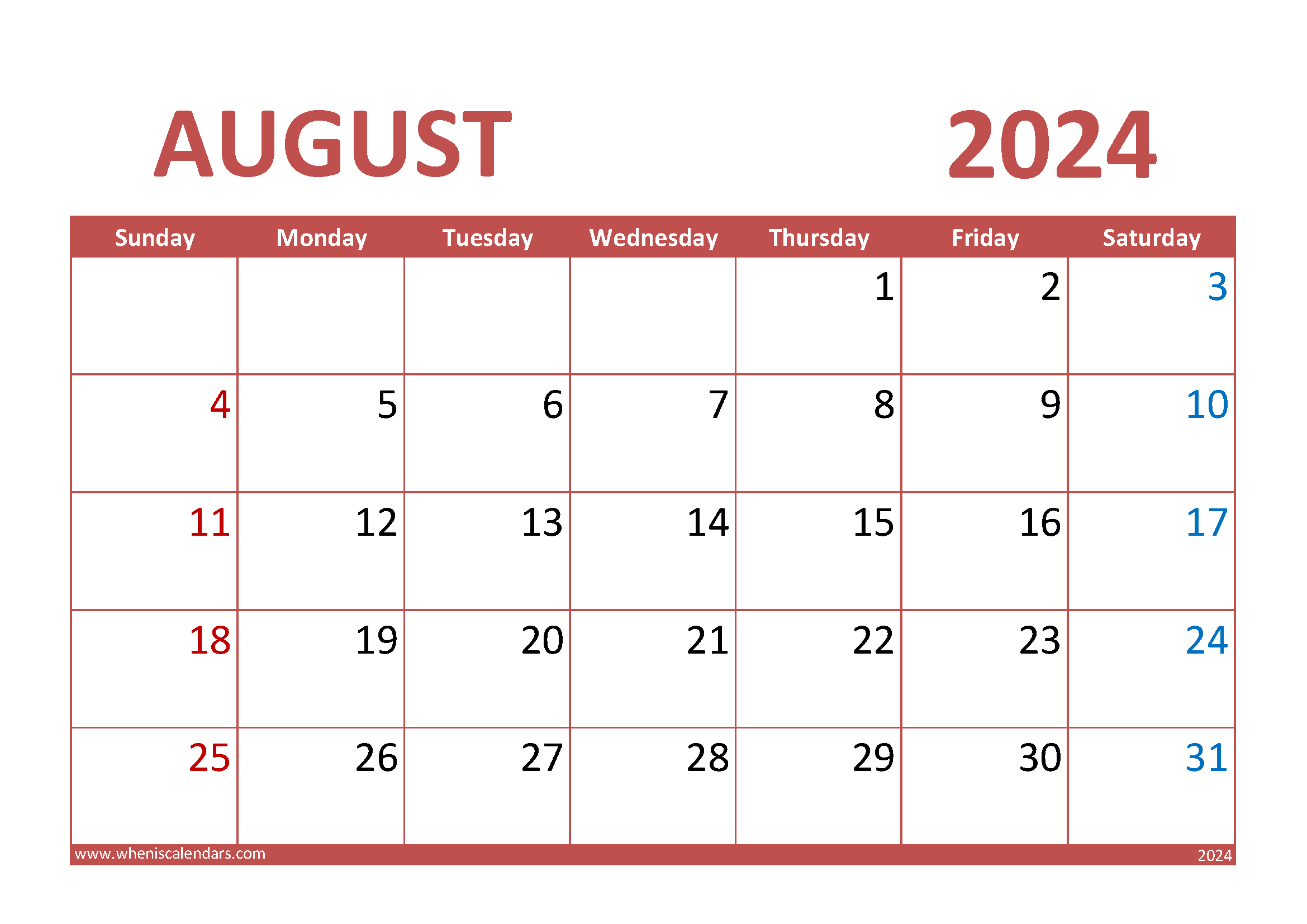 Download August 2024 Printable Calendar A4 Horizontal 84011