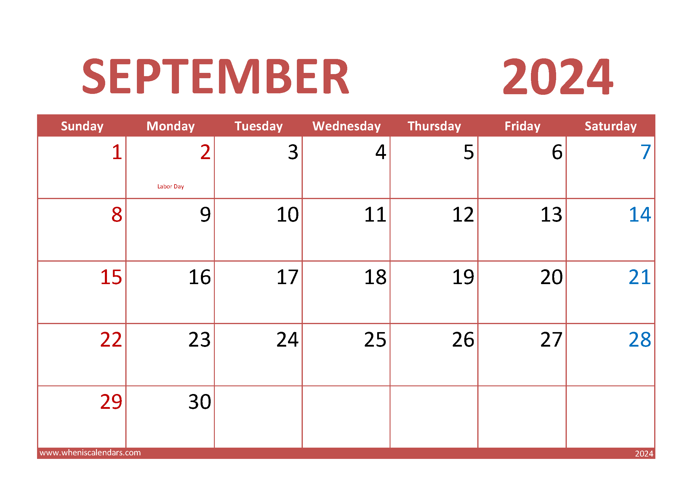 Download September 2024 Printable Calendar A4 Horizontal 94011