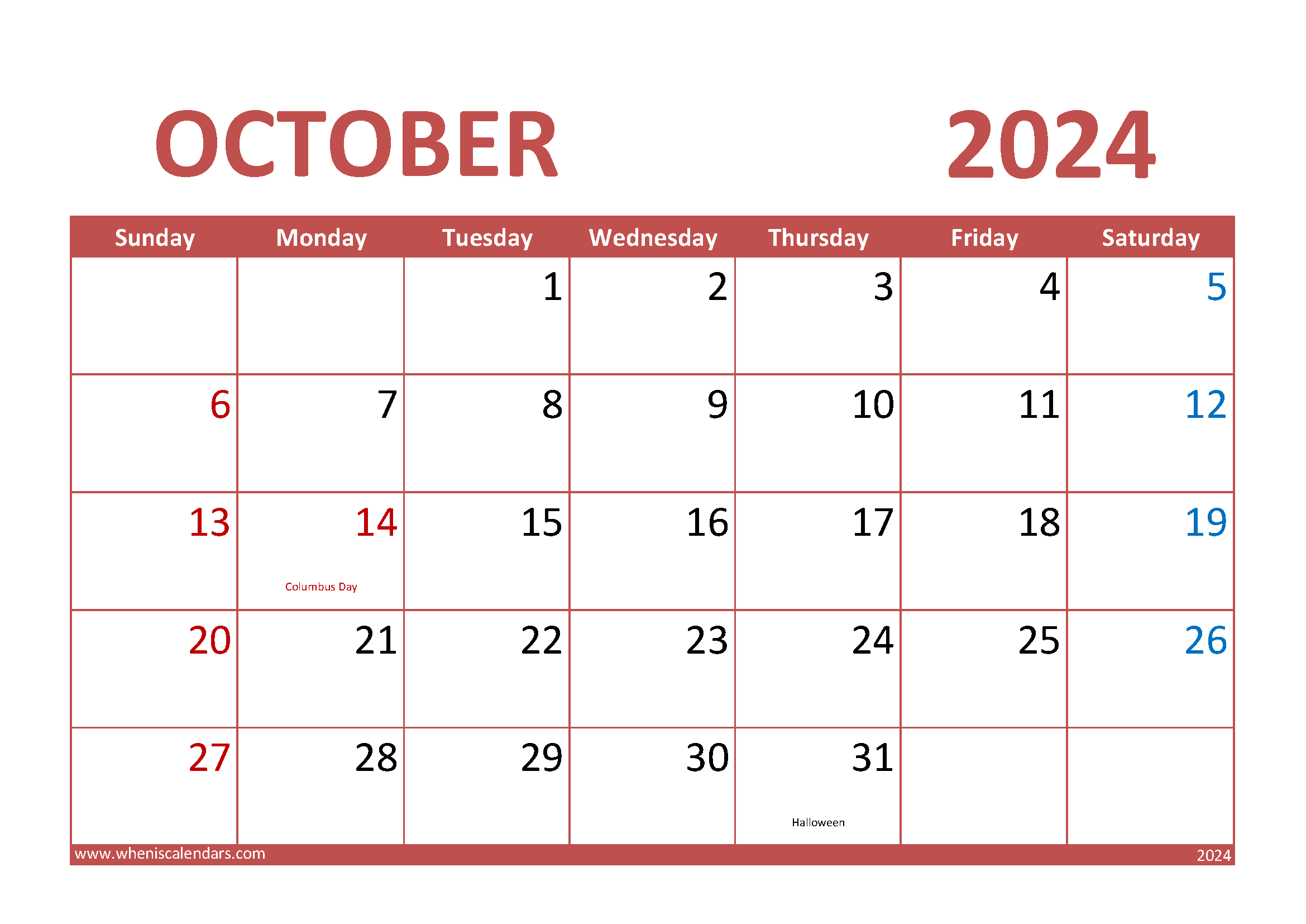Download October 2024 Printable Calendar A4 Horizontal 104011