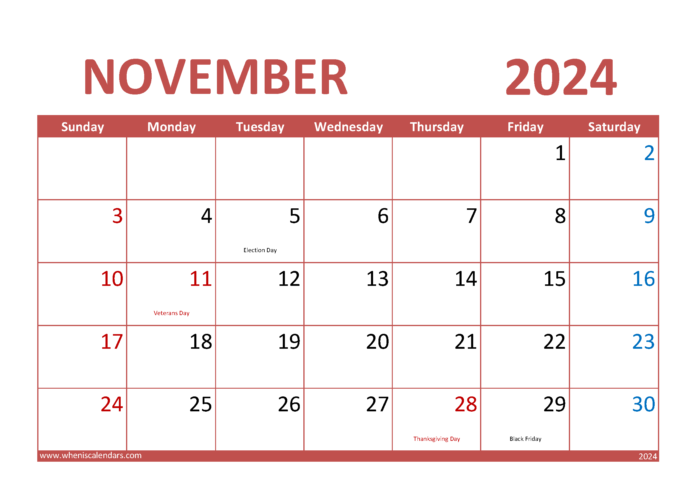 Download November 2024 Printable Calendar A4 Horizontal 114011